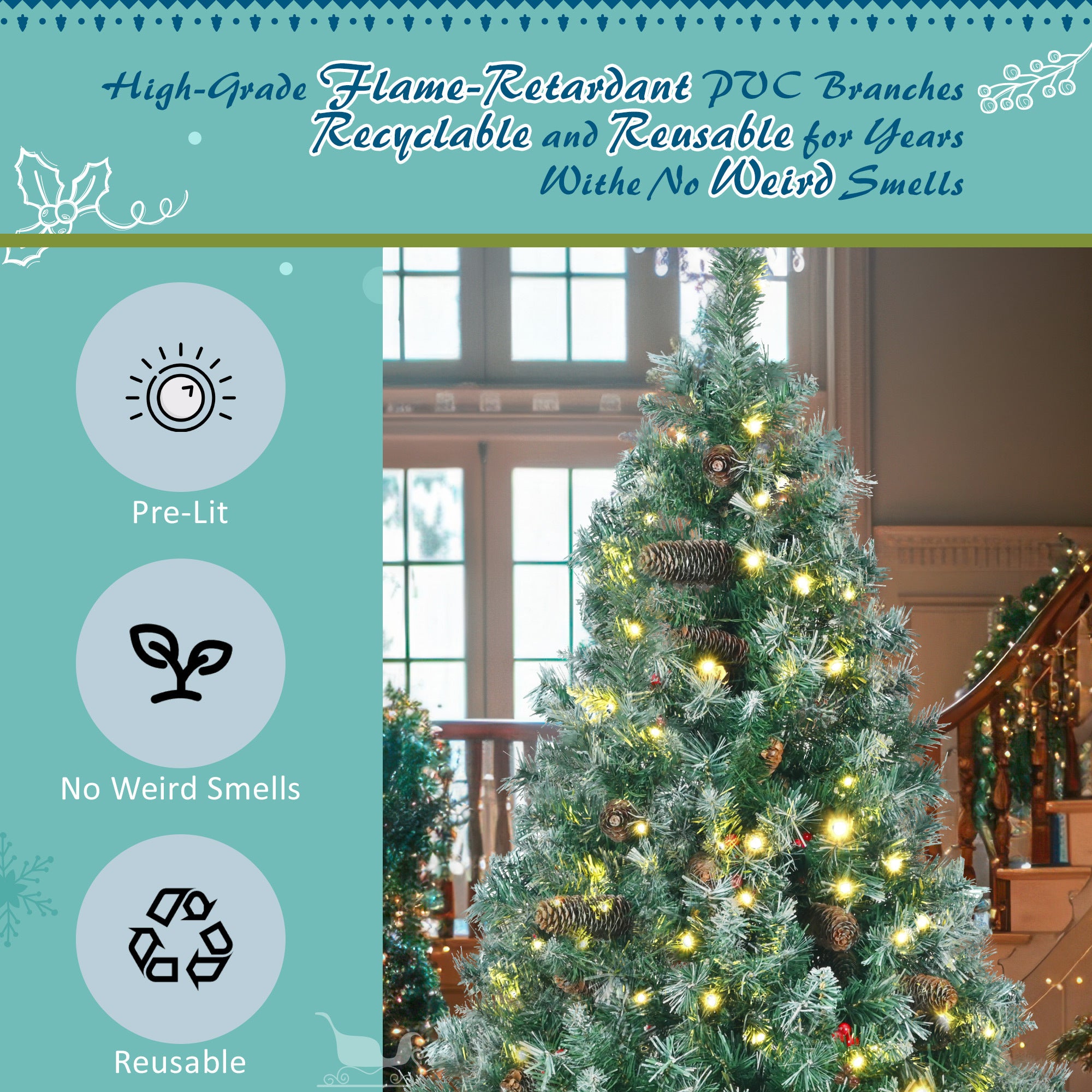 6FT Dark Green Pine Christmas Tree, Pre-Lit Set with Tree &amp; Garland &amp; Wreath, Hinged Artificial Xmas Tree with White Tips, Red Berries and Pine Cones, 11 Colorful Modes, Indoor Holiday Decoration