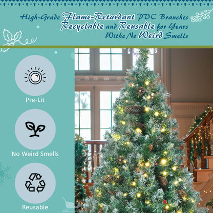 6FT Dark Green Pine Christmas Tree, Pre-Lit Set with Tree &amp; Garland &amp; Wreath, Hinged Artificial Xmas Tree with White Tips, Red Berries and Pine Cones, 11 Colorful Modes, Indoor Holiday Decoration