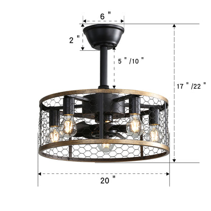 20" Industrial Cage Ceiling Fan With Remote Control, 7 Blades, DC Motor, 1H / 4H / 8H Timer - Black