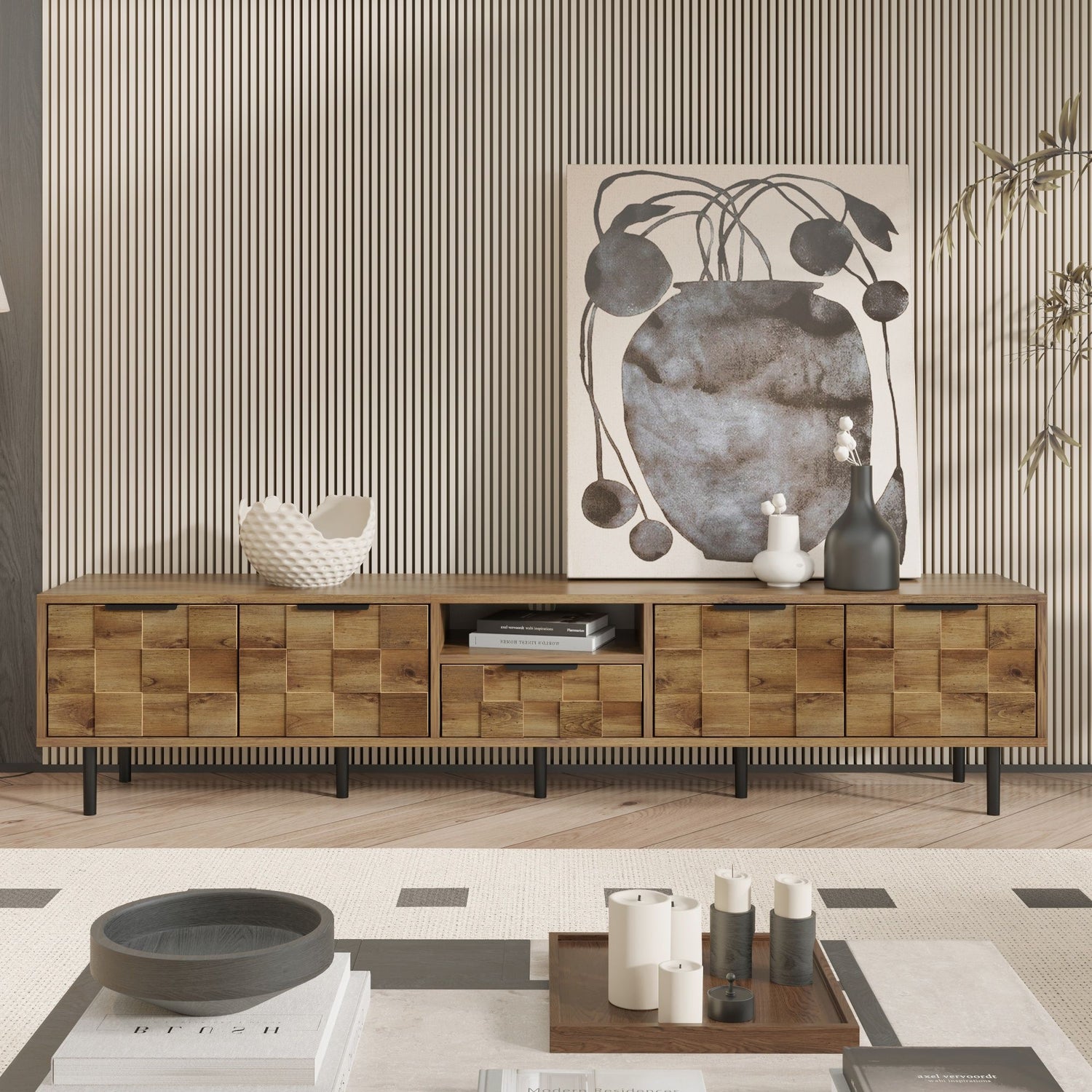 TV Stand, L Shaped Handle Entertainment Console With Storage - Natural