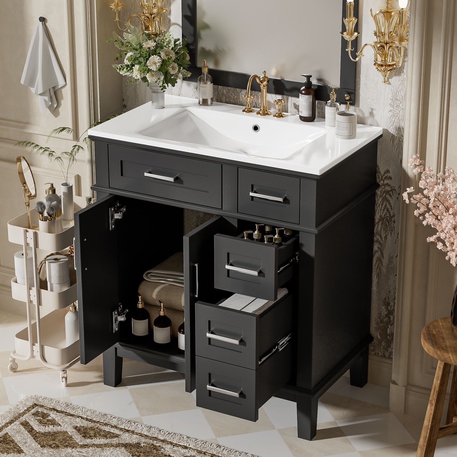 Modern Bathroom Vanity With Sink, Storage Cabinet, Soft Close Doors, Deep &amp; Standard Drawers