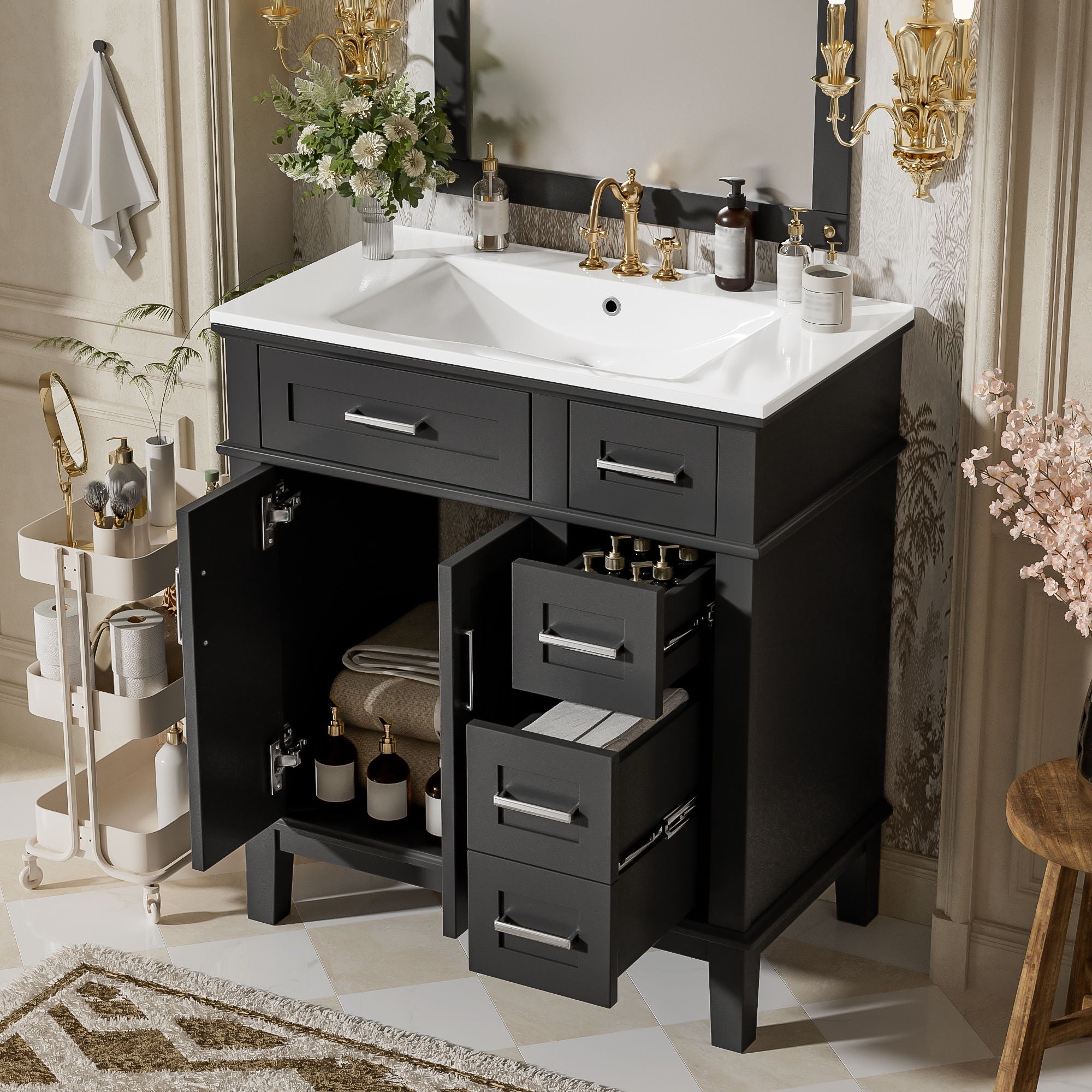 Modern Bathroom Vanity With Sink, Storage Cabinet, Soft Close Doors, Deep &amp; Standard Drawers