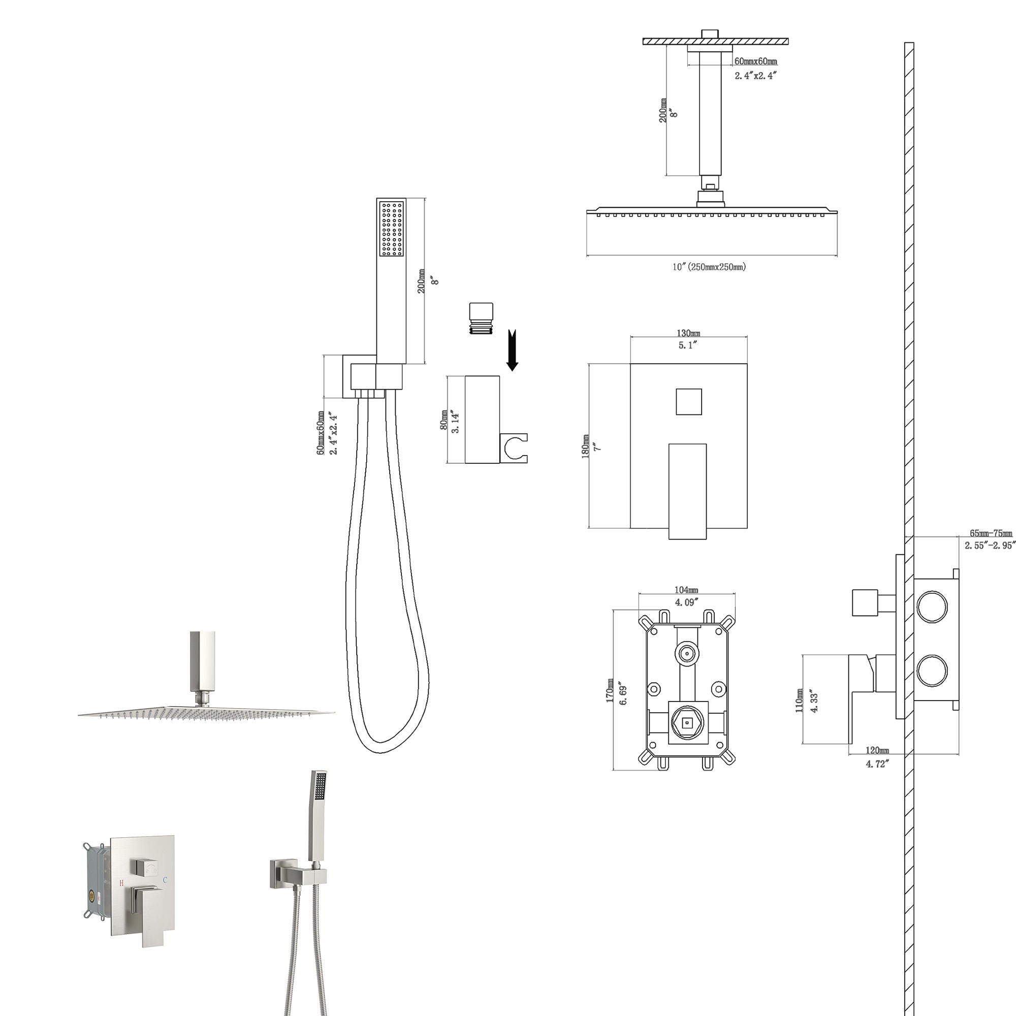 Dual Shower Head System With Ceiling Mount And Rough In Valve