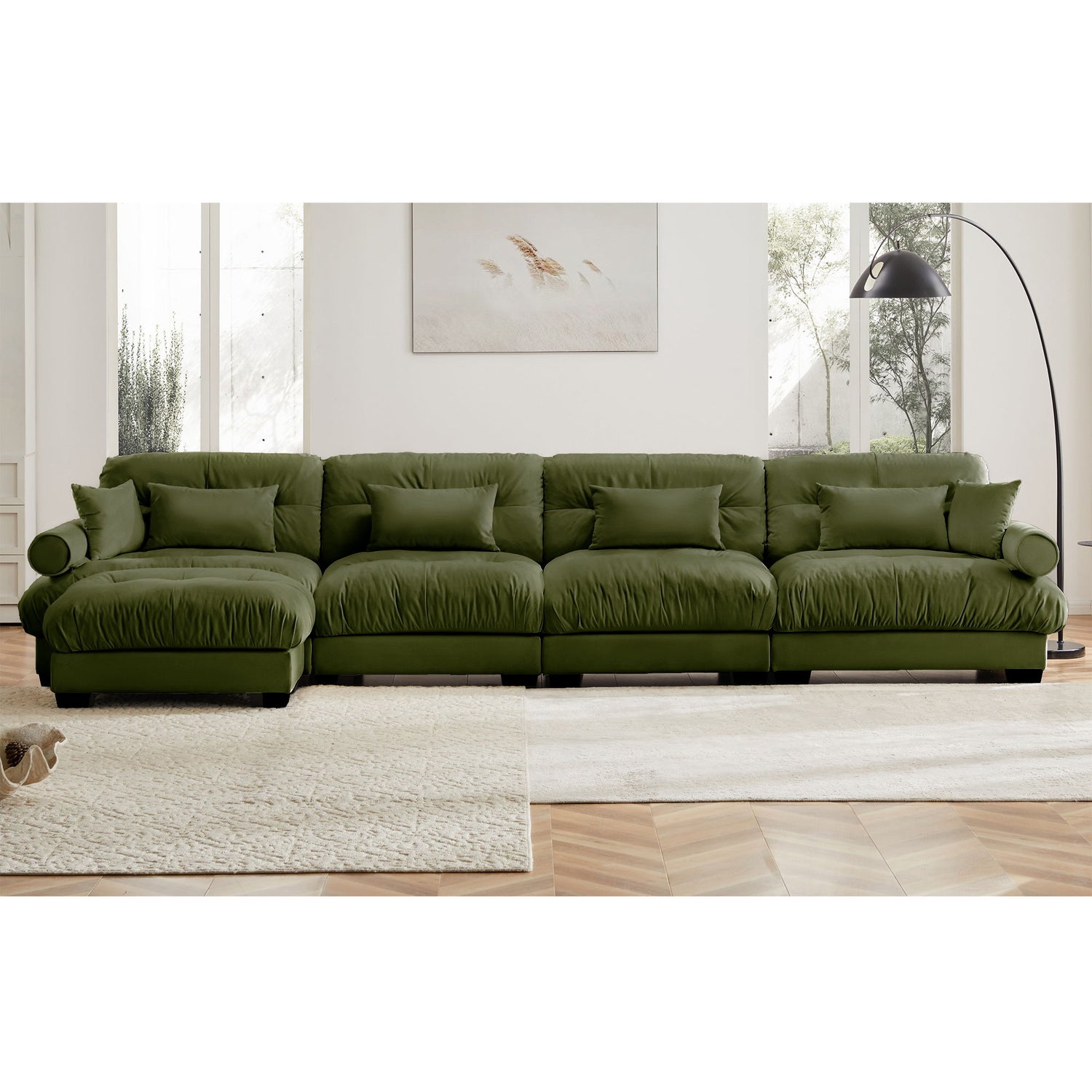 Modern Sectional Sofa With Ottoman, Round Bolster Armrests, Waist And Throw Pillows