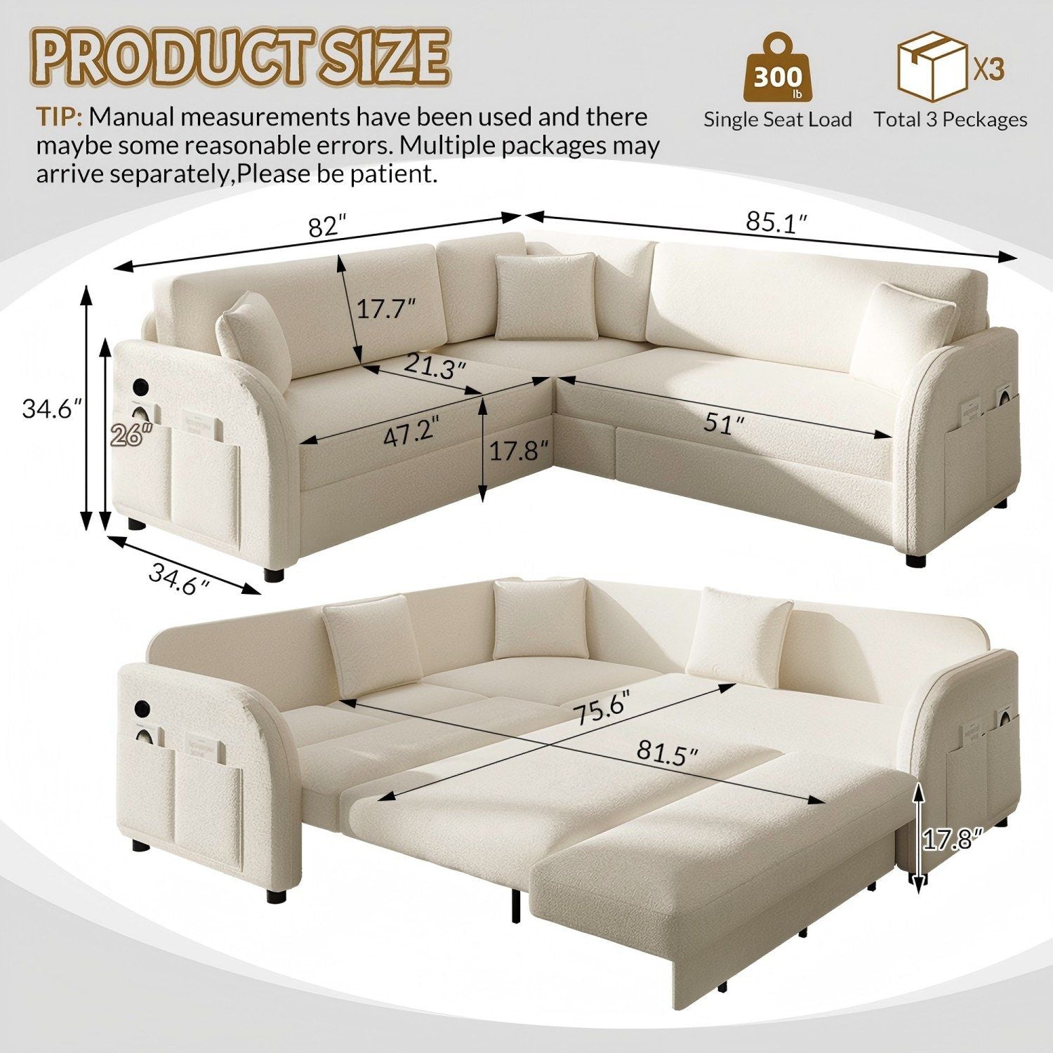 L-Shaped Couch With Pull-Out Bed, Oversize Convertible Sleeper Sofa With Side Pocket &amp; USB Port