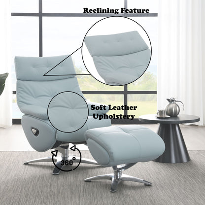 Janella - Top Grain Leather Accent Chair With Swivel &amp; Ottoman - Baby Blue
