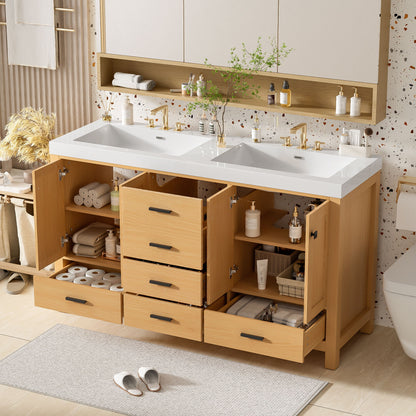 Bathroom Vanity With Double Sink, Soft Close Doors &amp; Drawers Handles - Wood