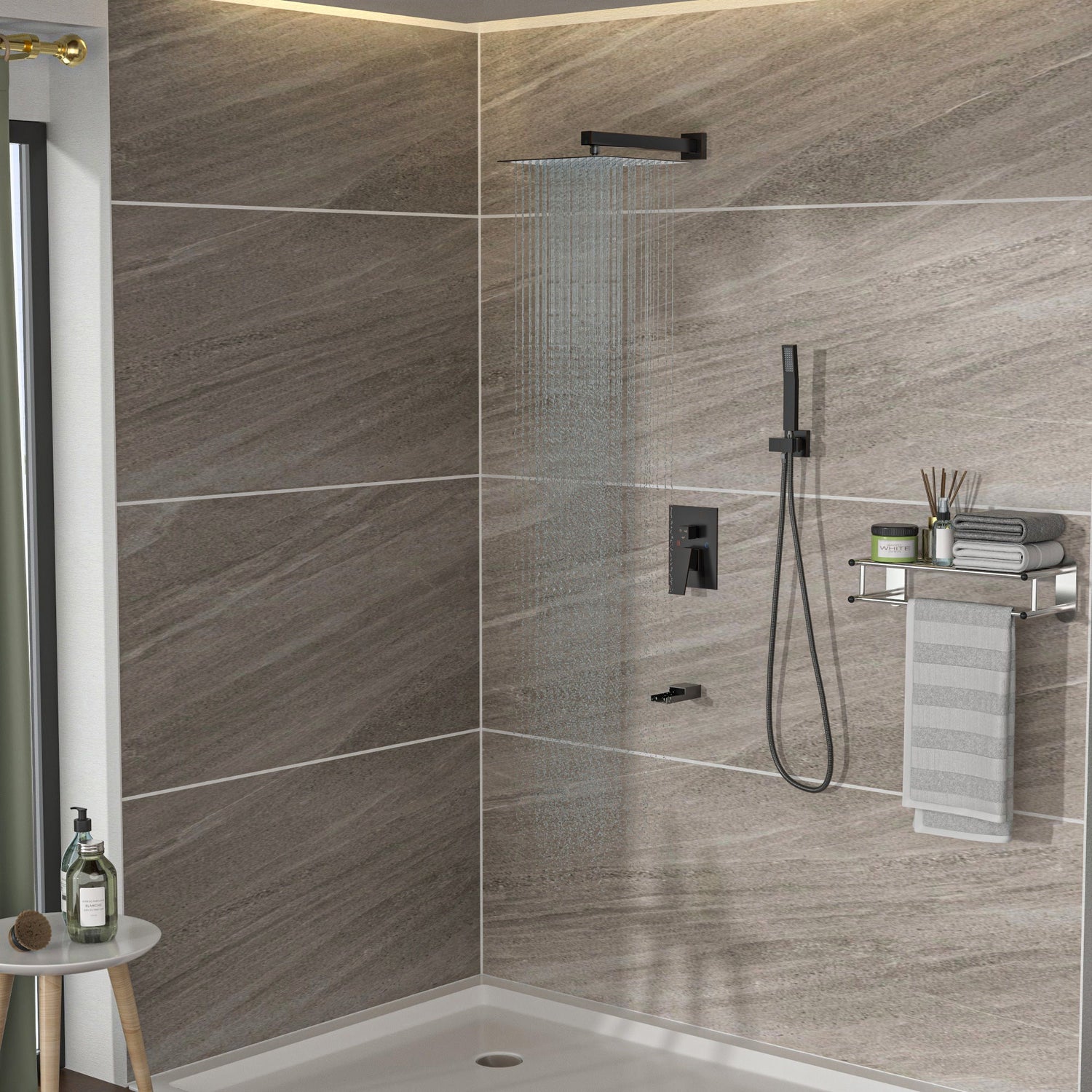 Wall Mounted Square Shower System With Waterfall Tub Spout And 12&quot; Shower Head - Oil-Rubbed Bronze