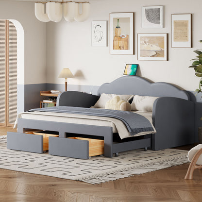 Upholstered Daybed With Cloud-Shaped Backrest, Trundle &amp; 2 Drawers And USB Ports