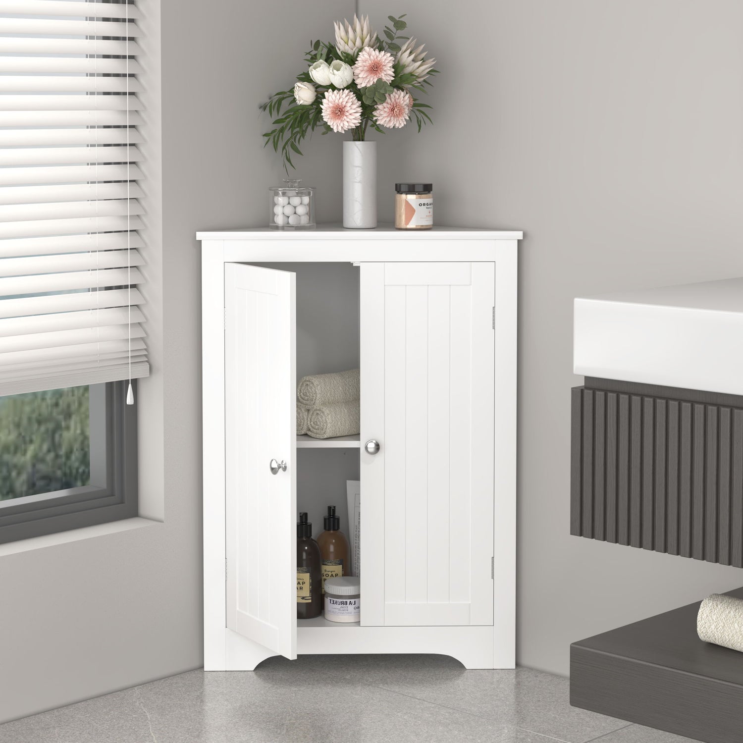 Corner Cabinet With 2 Doors And Adjustable Shelves, Freestanding Narrow Storage Organizer For Bathroom - White