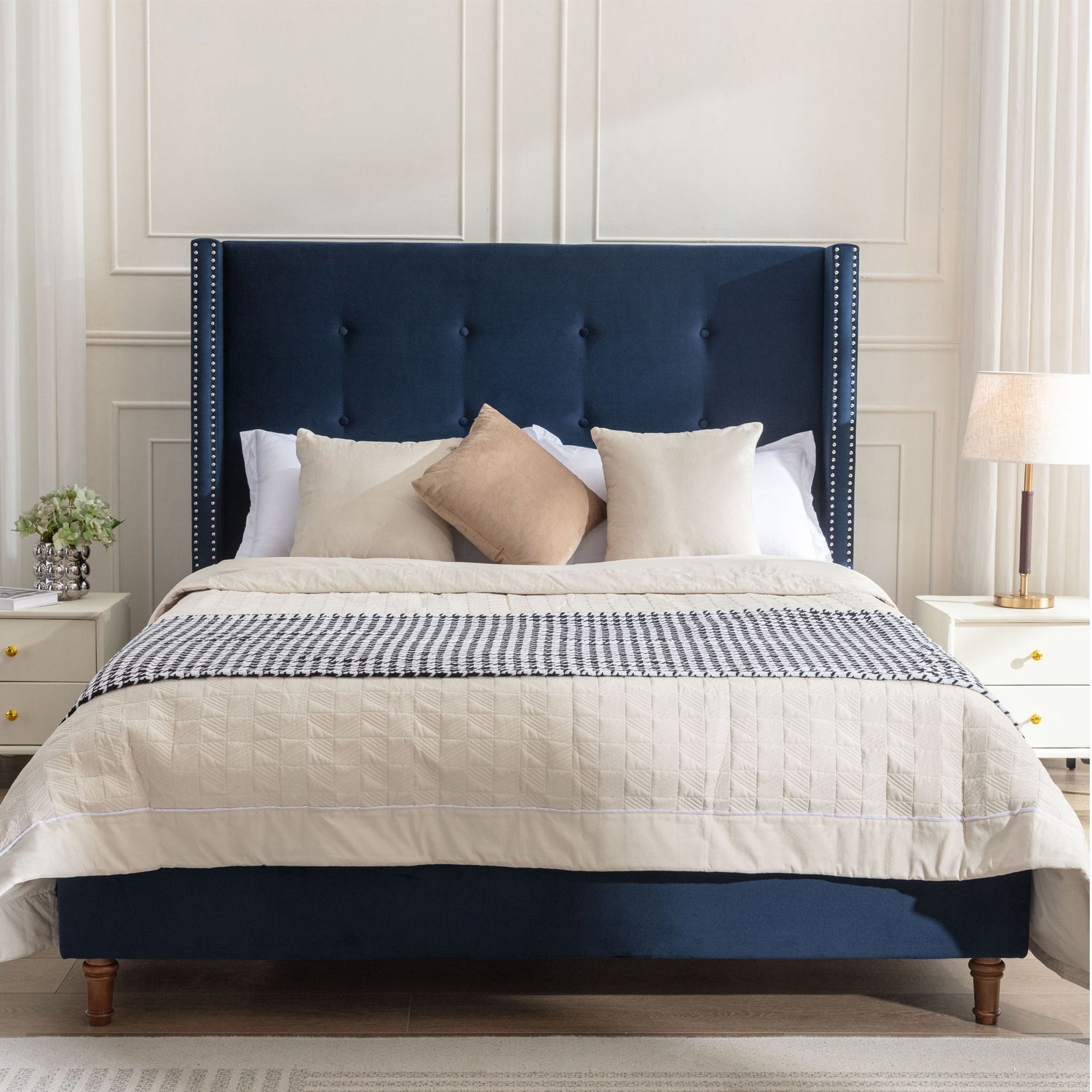 Peyton - Upholstered Bed With 54&quot; High Headboard, Traditional Hand Buttoned Tufting