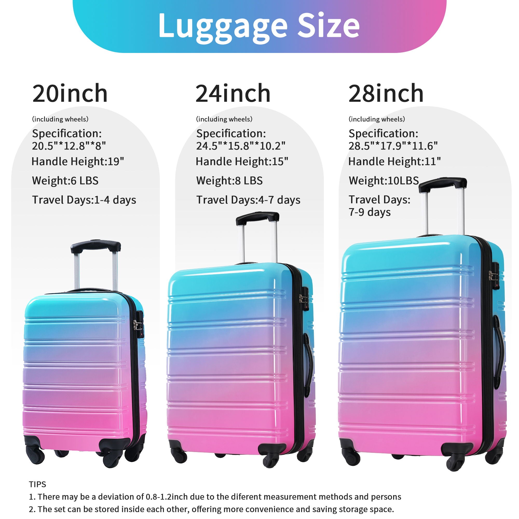 Hardshell Luggage Sets 3 Piece Gradient Color Expandable Suitcase With Spinner Wheels And Tsa Lock Lightweight 20&quot; 24&quot; 28&quot; Available