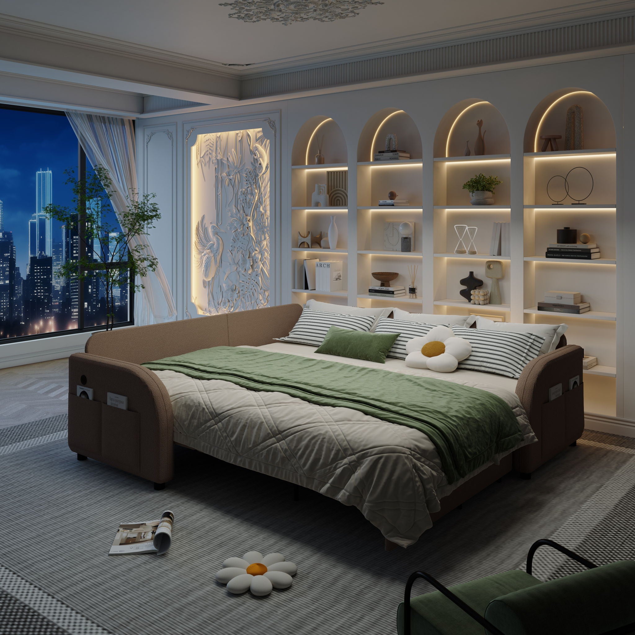 L-Shaped Couch With Pull-Out Bed, Oversize Convertible Sleeper Sofa With Side Pocket &amp; USB Port