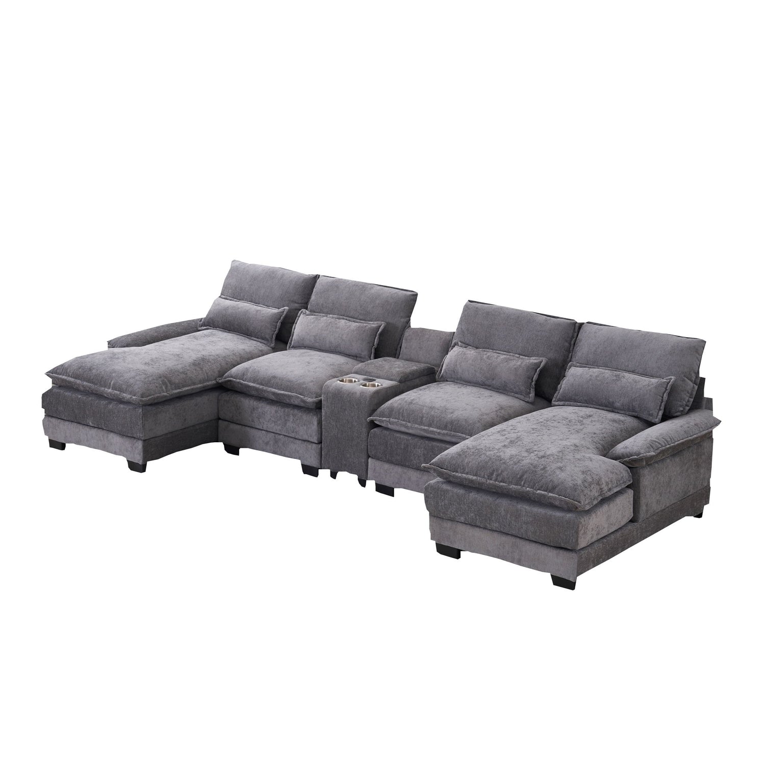 U Shaped Sofa With Console, Cupholders, USB Ports, 6 Seat, Bronzing Suede &amp; Chenille