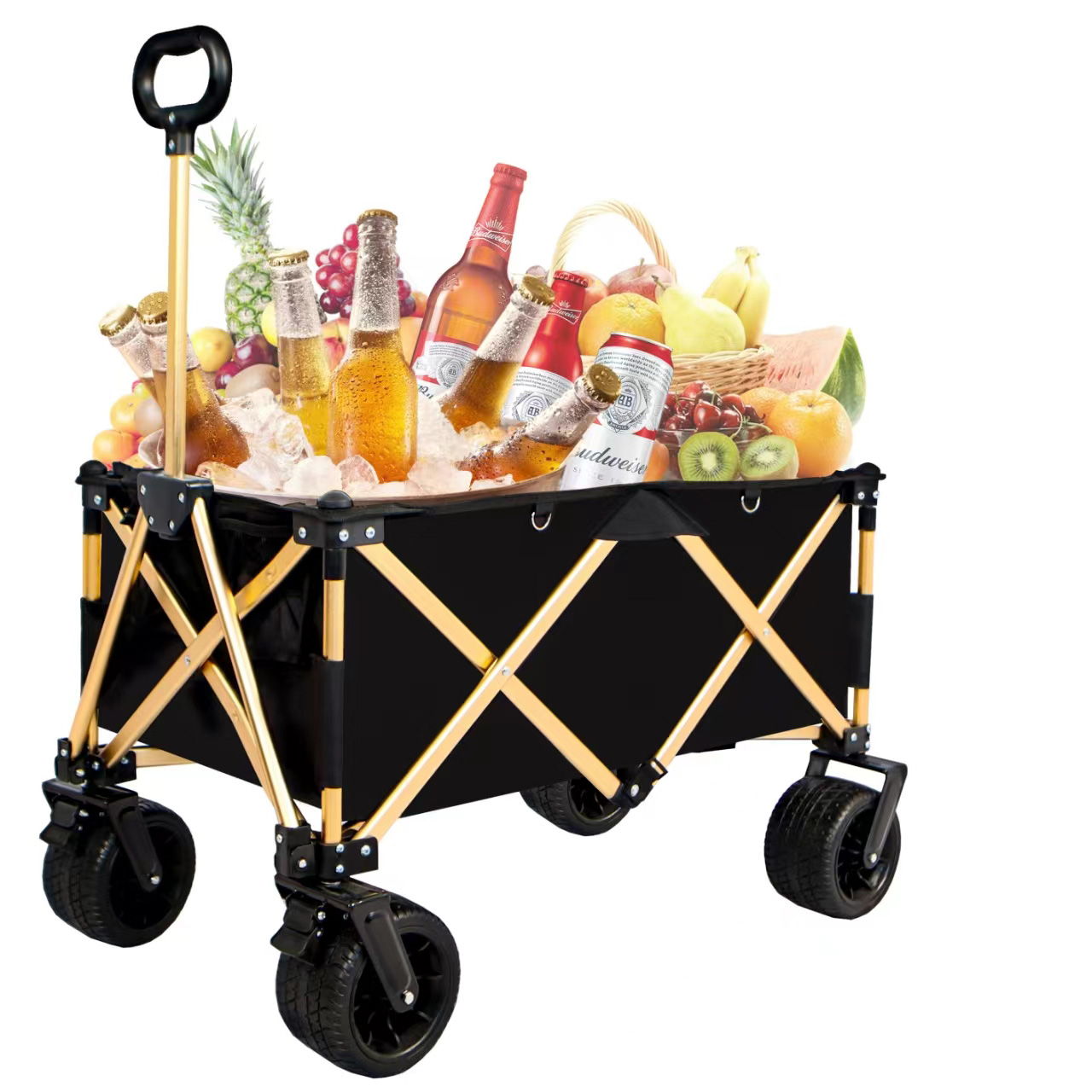 Aluminum Alloy Folding Wagon, Heavy Duty Utility Beach Wagon Cart For Sand With Big Wheels, Adjustable Handle &amp; Drink Holders For Shopping, Camping, Garden And Outdoor