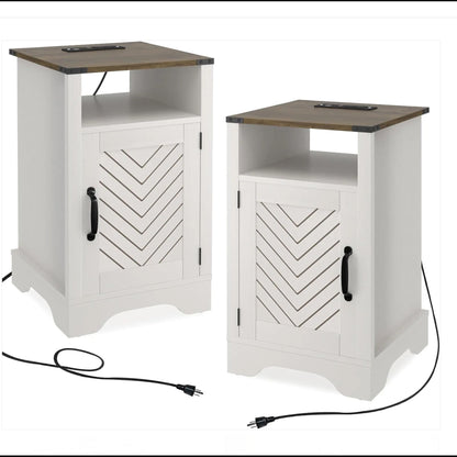 Farmhouse Nightstand With Charging Station &amp; Storage