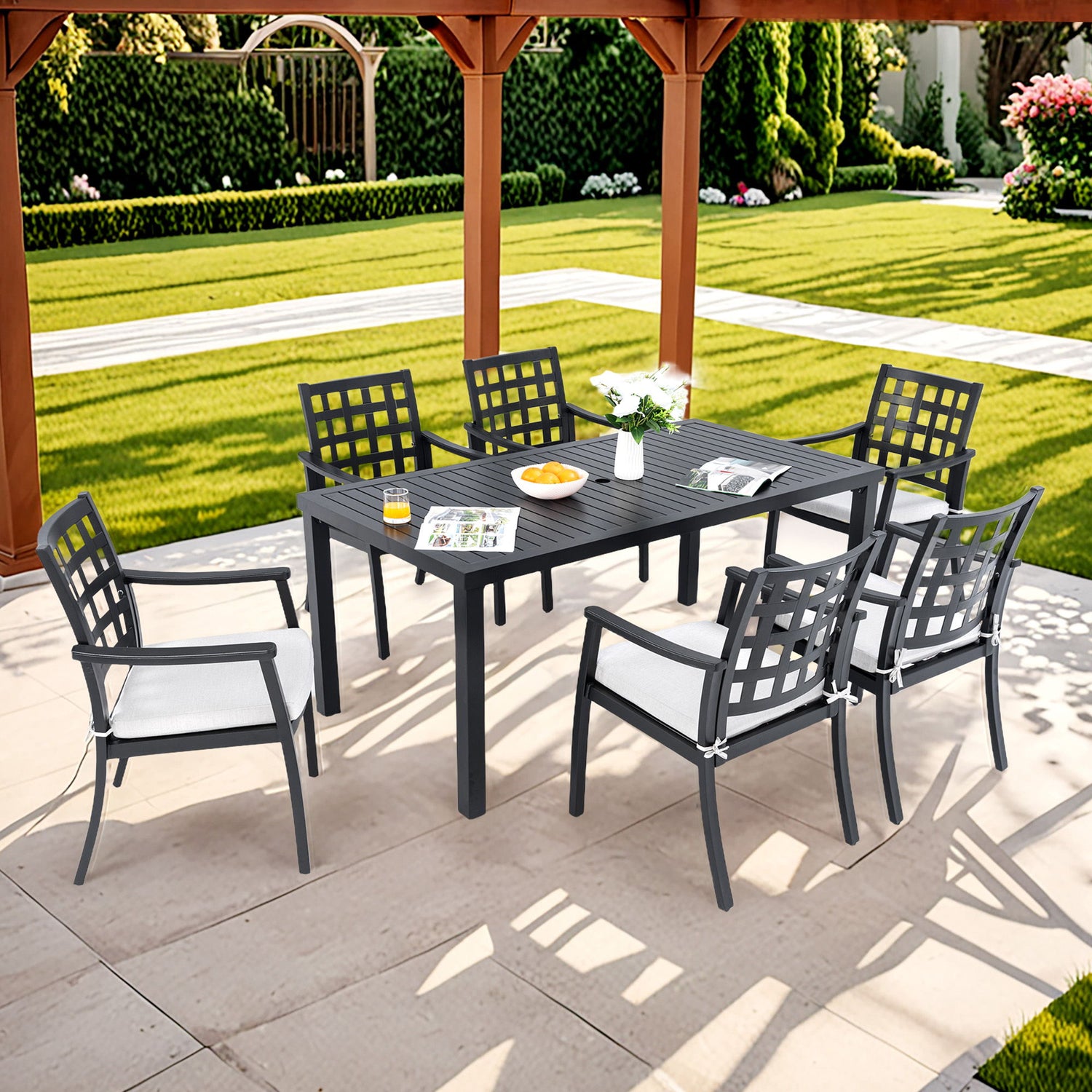 Modern Classic Outdoor Patio Dining Set, Rectangular Table &amp; Dining Chairs, Rust Free, Weather Resistant