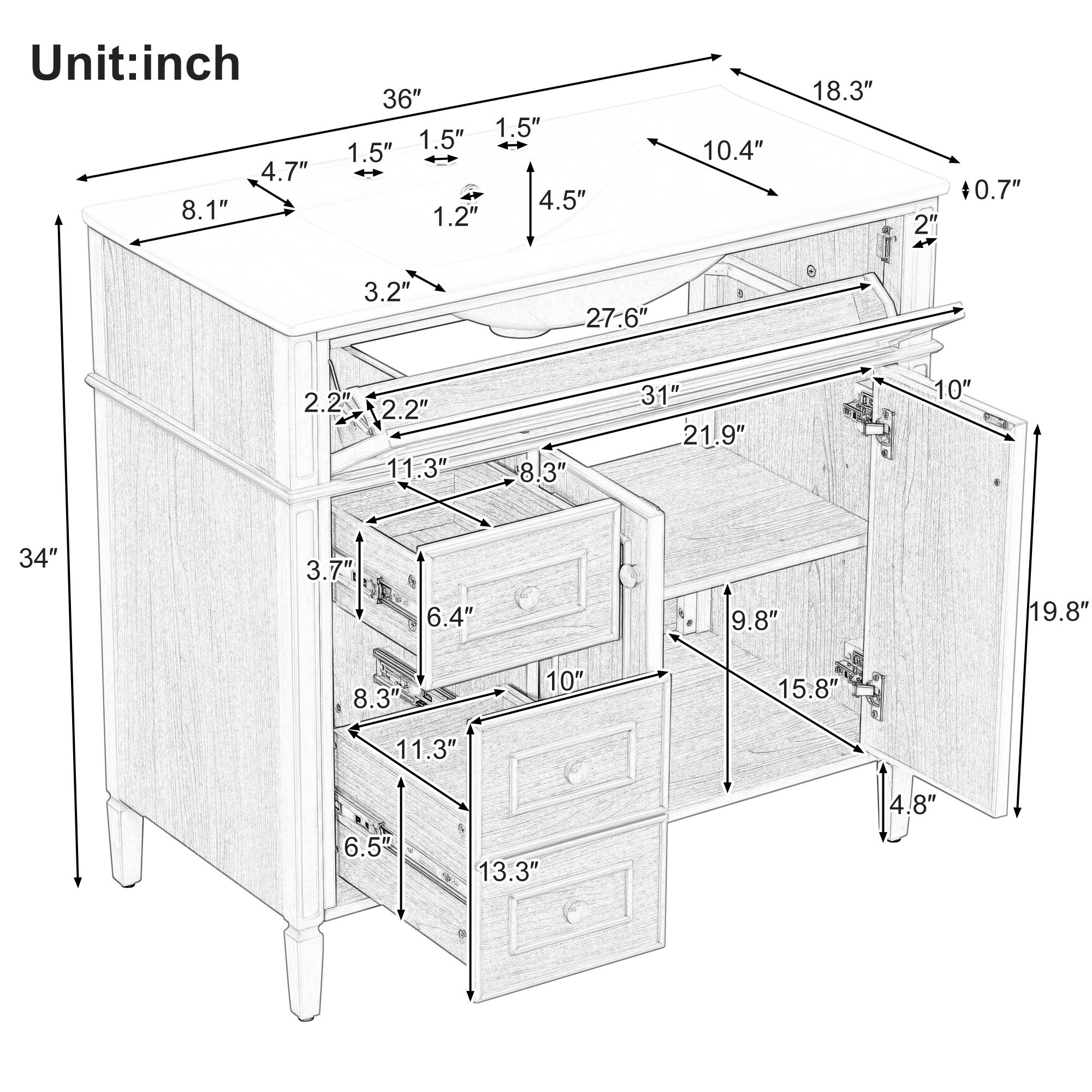 Bathroom Vanity With Sink, 3 Drawers &amp; 2 Doors