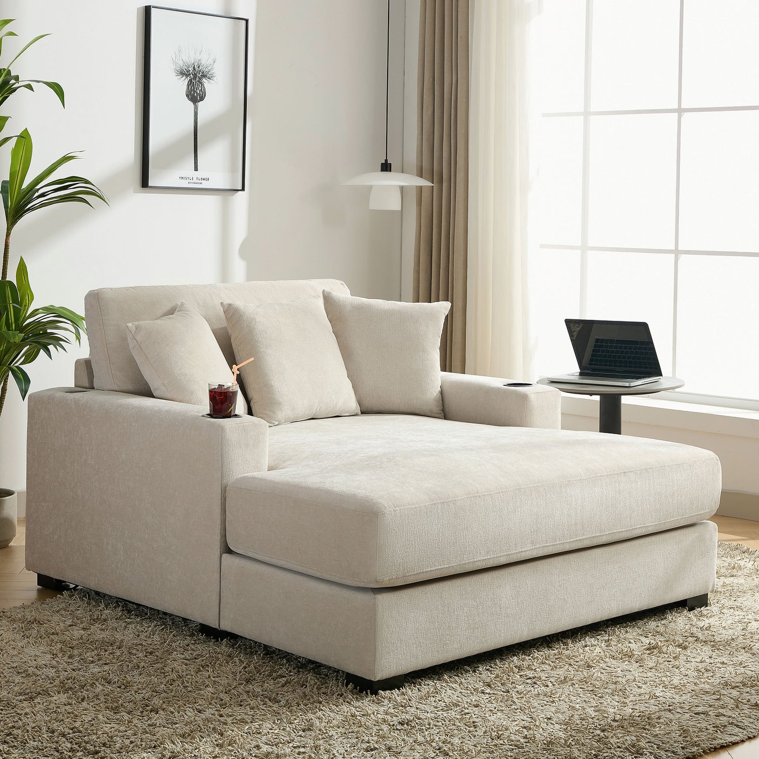 Oversized Chaise Lounger Modern Style Sofa Couch, With Pillows, Charge Station &amp; Cup Holders