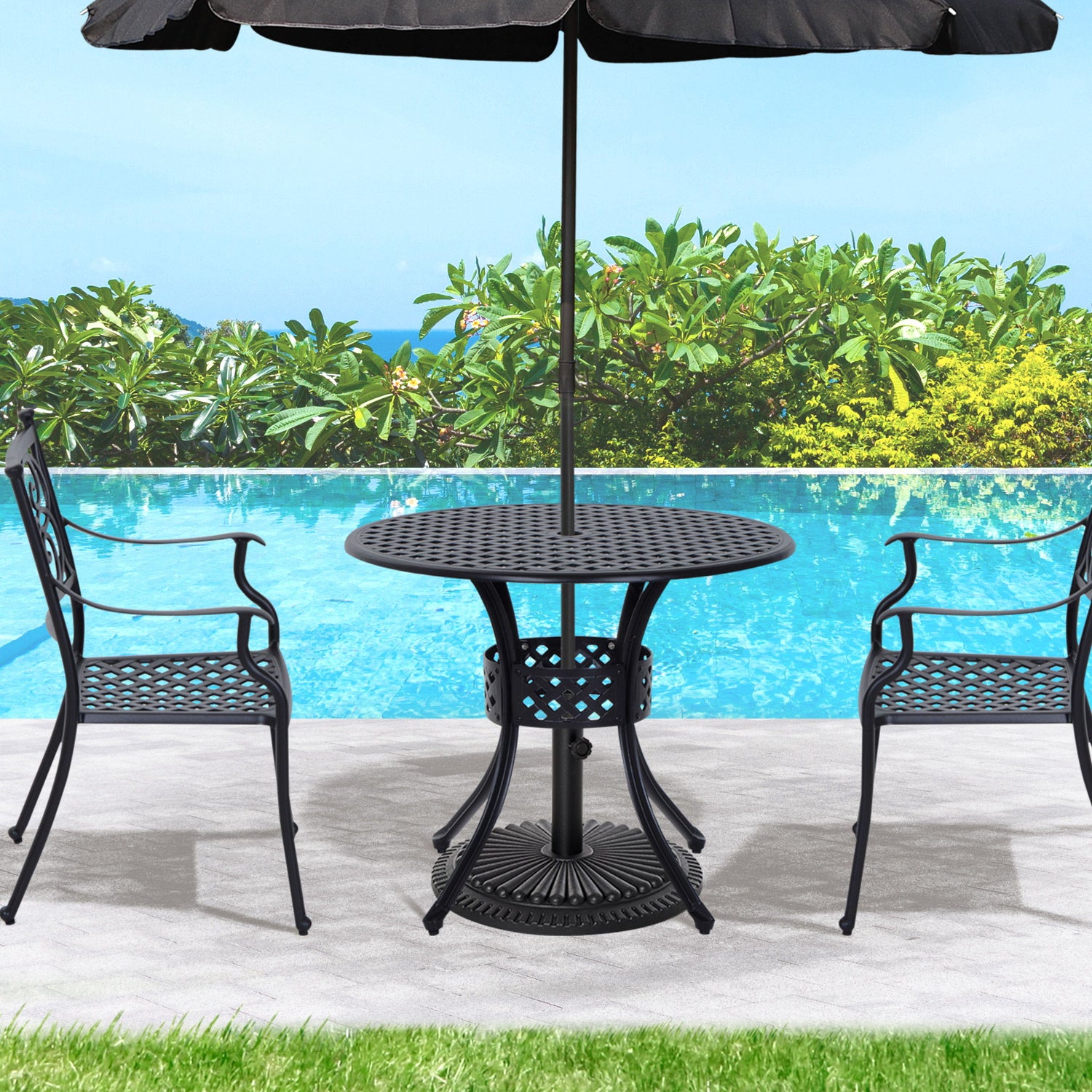 Outsunny - 33&quot; Patio Dining Table Round Cast Aluminium Outdoor Bistro Table With Umbrella Hole - Black