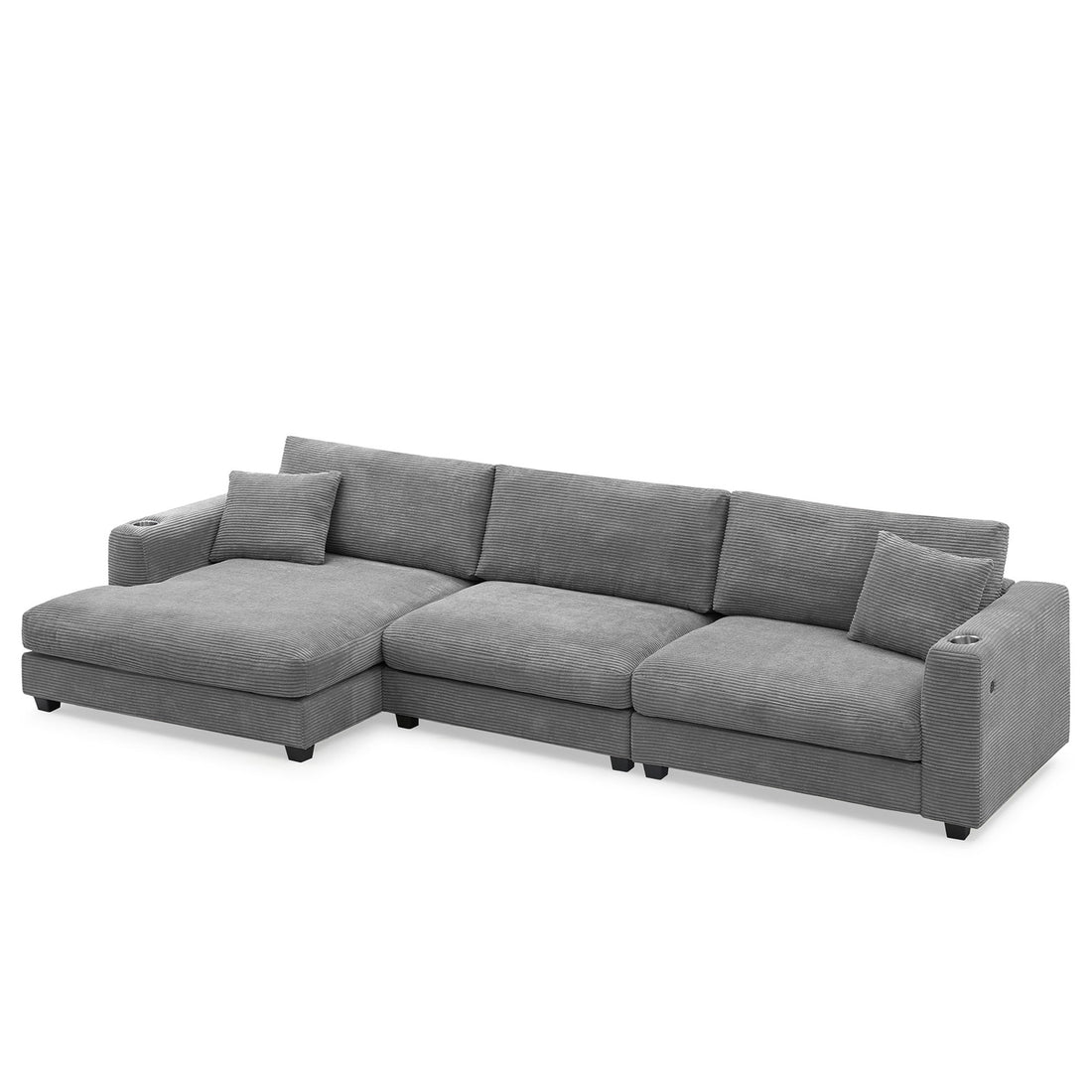 Oversized Corduroy Sectional Sofa, L Shaped Cloud Couch With USB Charging Port, Cup Holder, Deep Seat Sofa Bed With 50&quot; Chaise, Comfy Indoor Furniture For Living Room