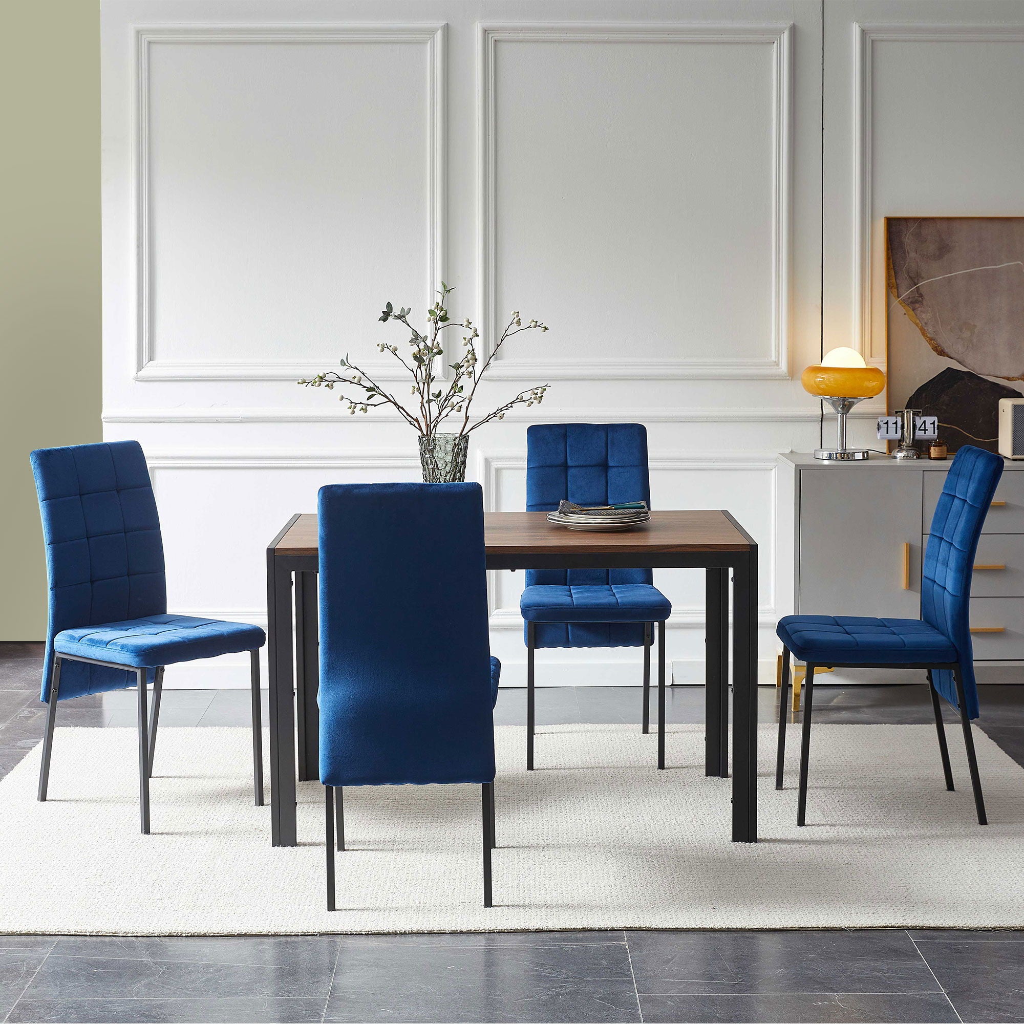 5 Piece Dining Set Including Velvet High Back Nordic Dining Chair &amp; Creative Design Dining Table
