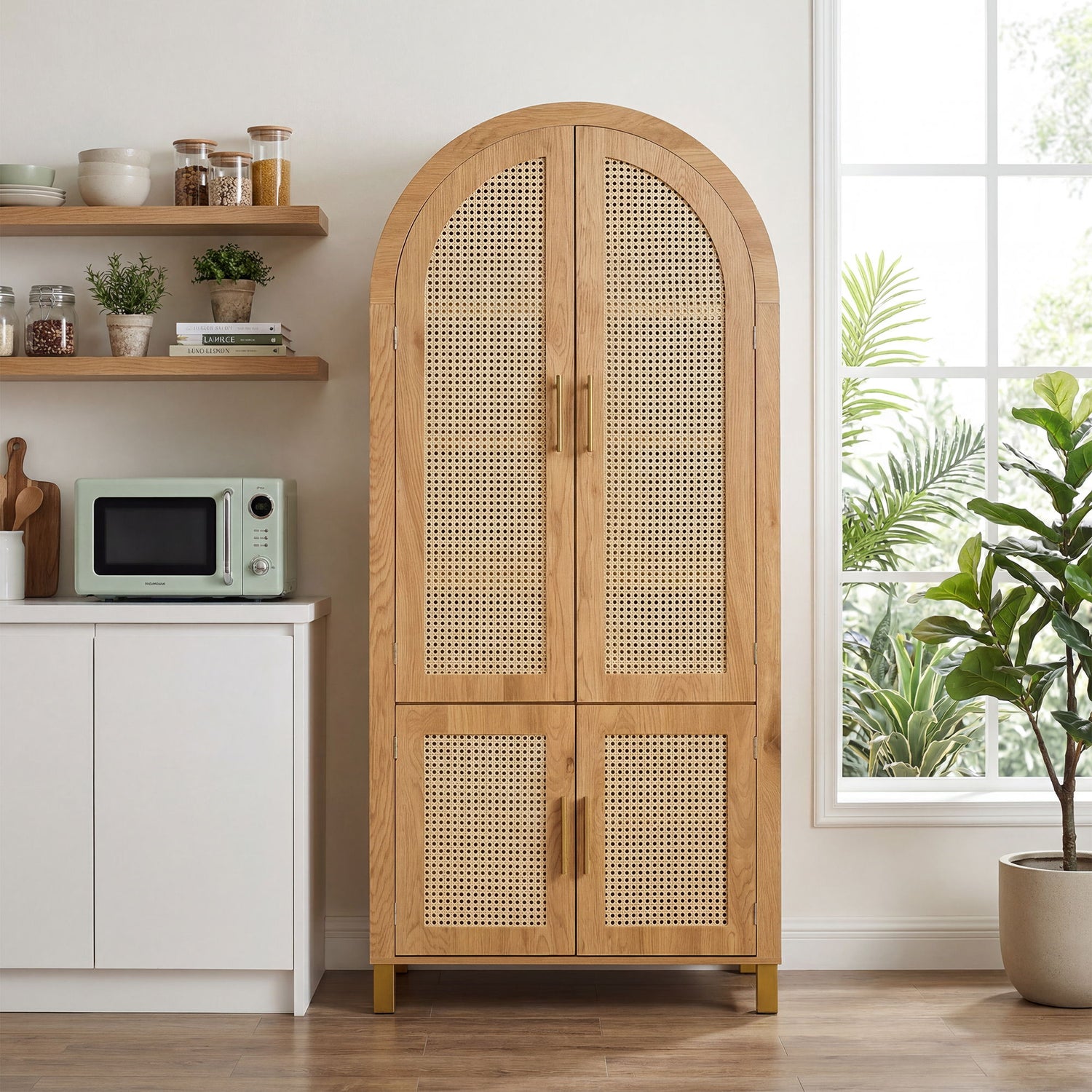 Tall Arched Cabinet With Rattan Doors &amp; Adjustable Shelves