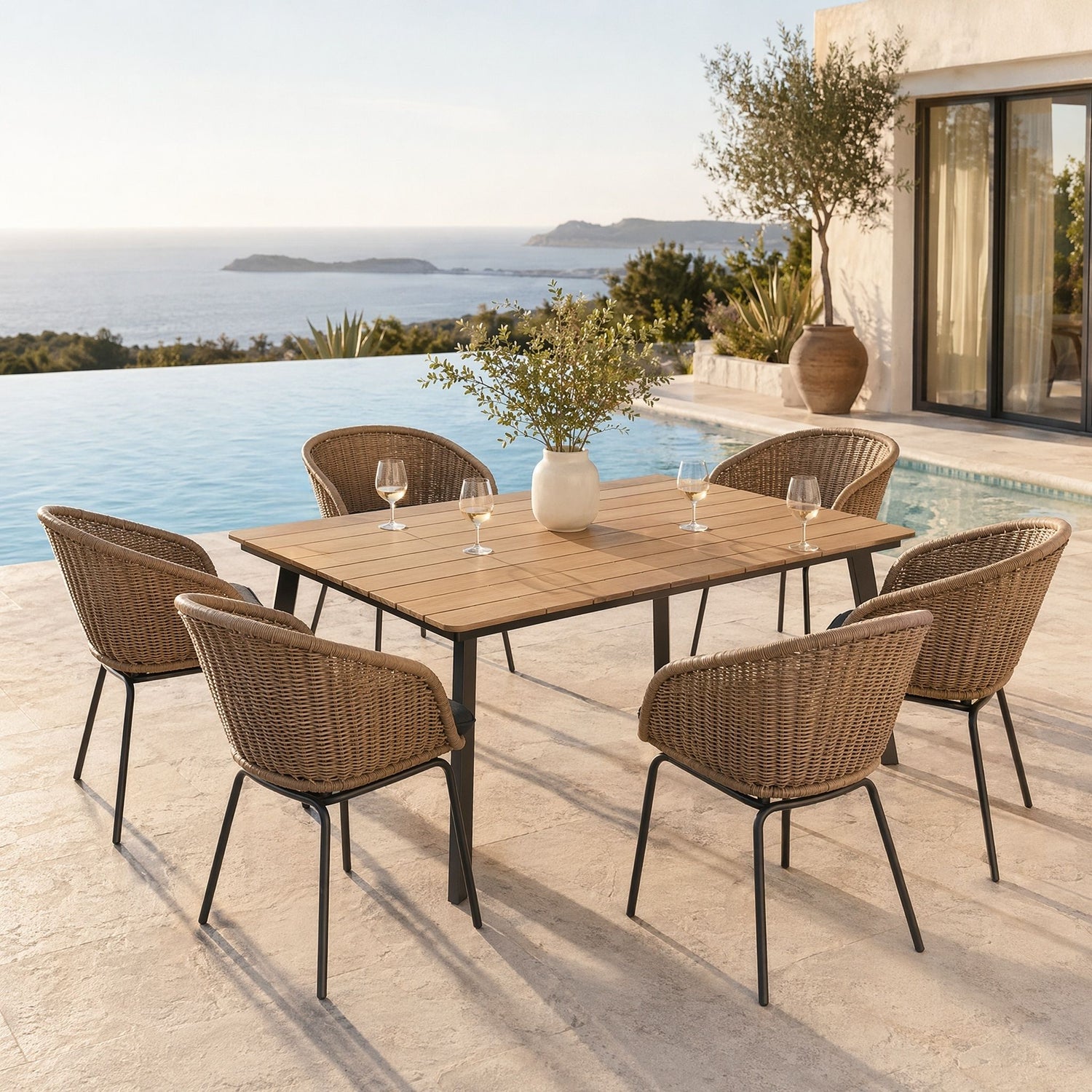 7 Piece Outdoor Patio Dining Set For 6, Conversation Set With Table &amp; 6 Armchairs - Purple Pink Flower / Yellow