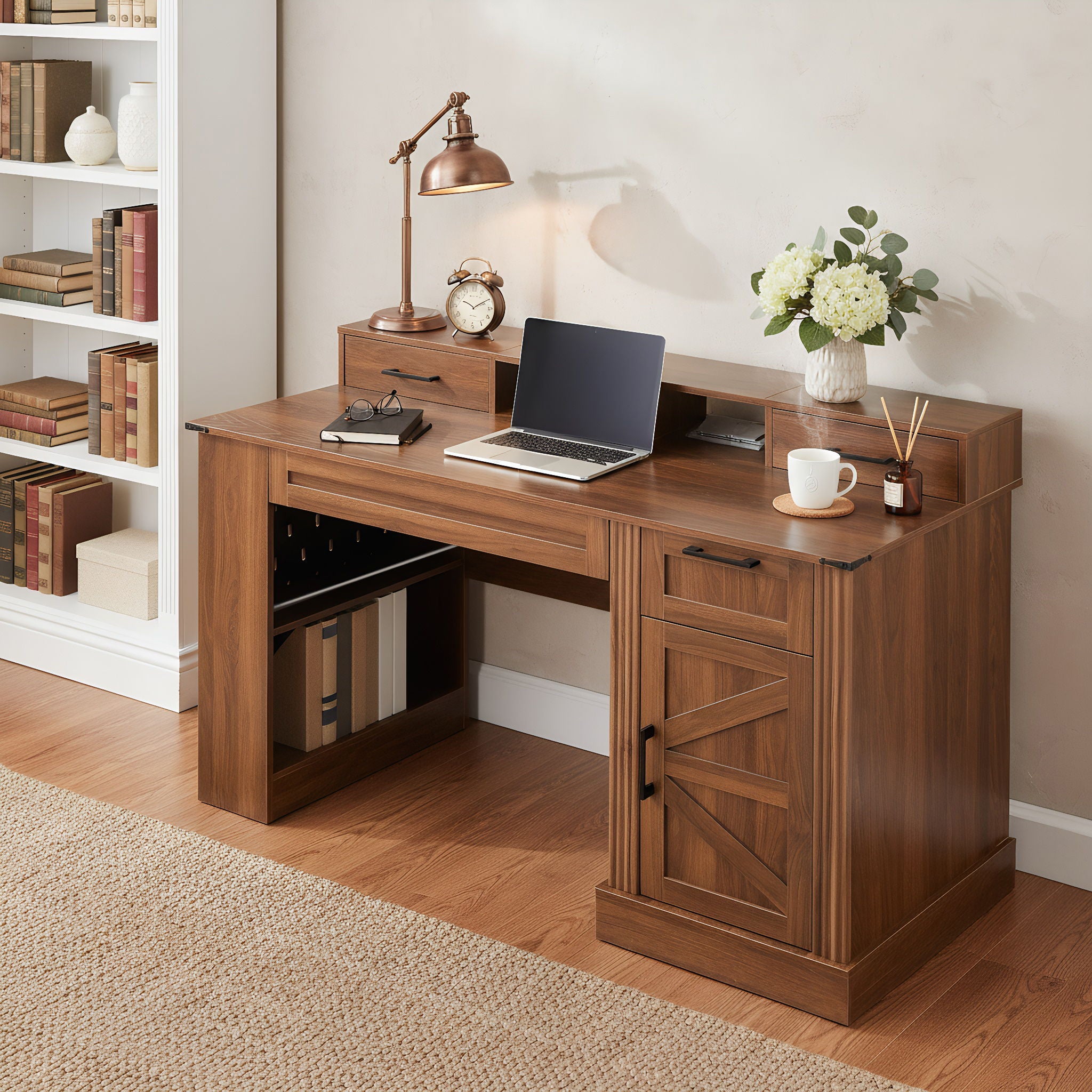Office Desk With Storage Cabinet, Charging Station, Monitor Stand &amp; Pegboard