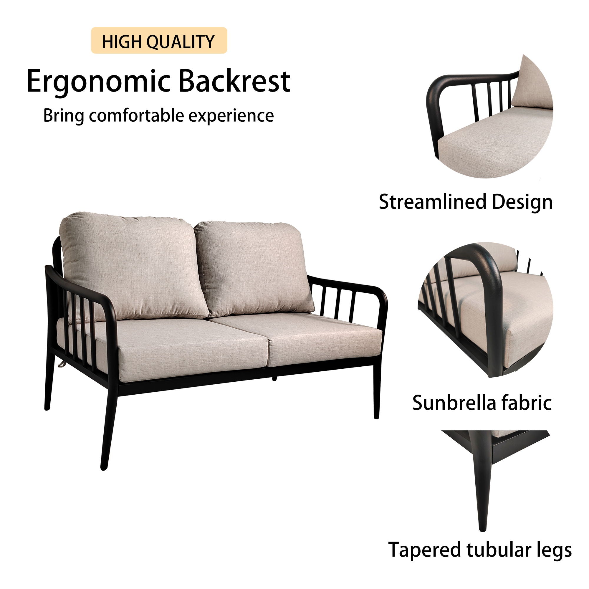 2 Piece Outdoor Patio Furniture, Modern Loveseat Sofa Conversation / Chat Set, Sunbrella Cushions And Oval Coffee Table - Ember Black