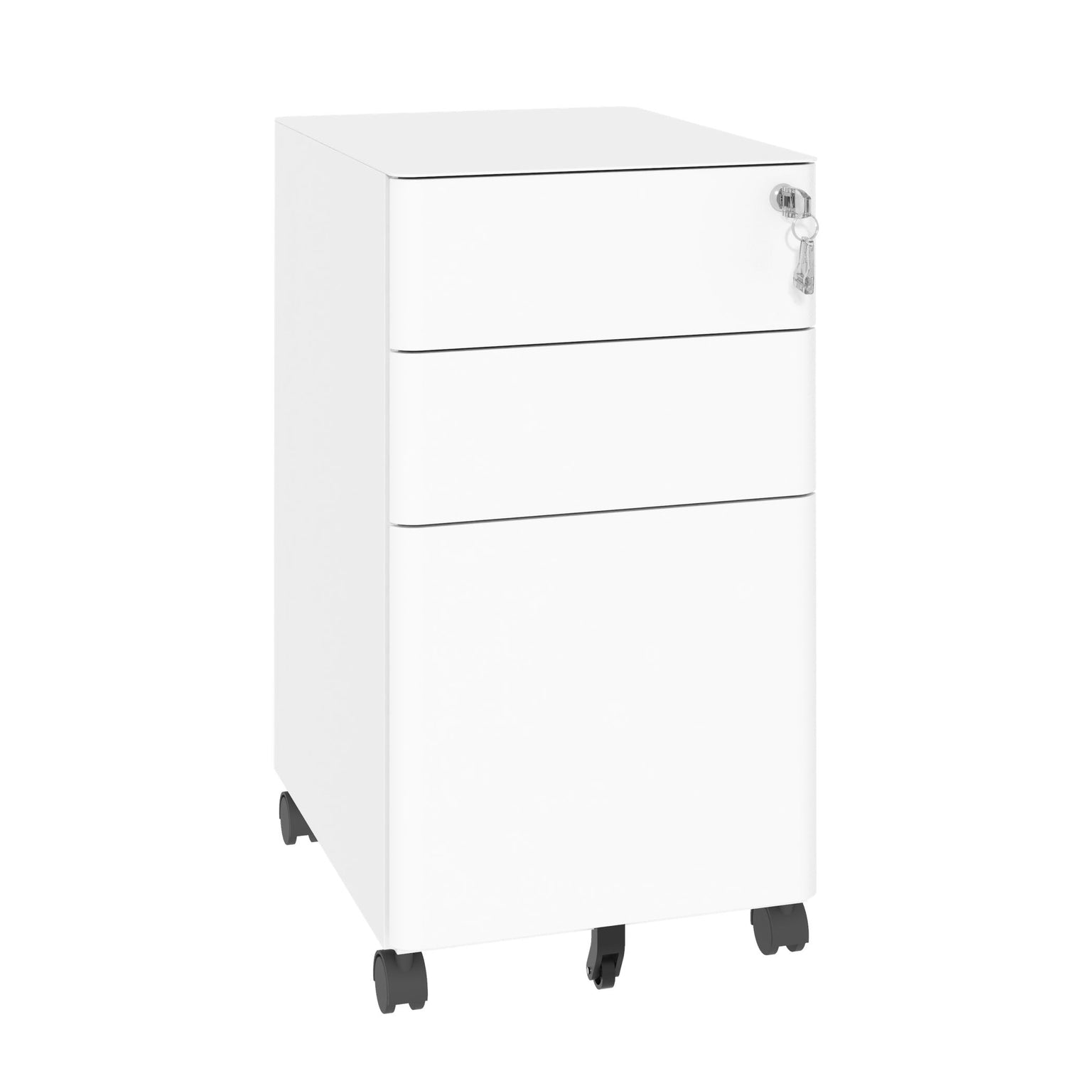 3-Drawer Mobile File Cabinet With Lock, On Wheels, Two Shallow &amp; One Deep Drawer For Office/Home, Fully Assembled - White