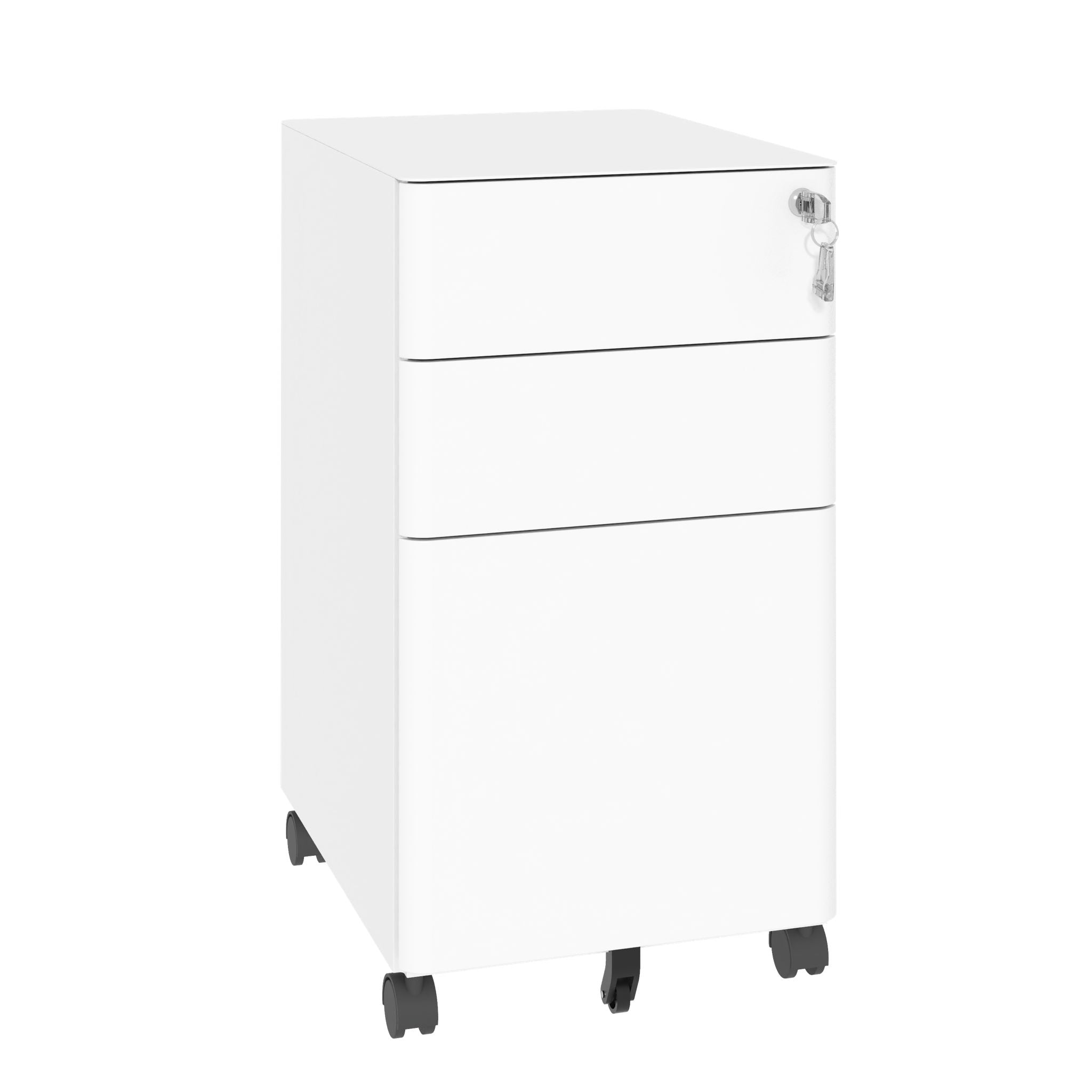 3-Drawer Mobile File Cabinet With Lock, On Wheels, Two Shallow &amp; One Deep Drawer For Office/Home, Fully Assembled - White