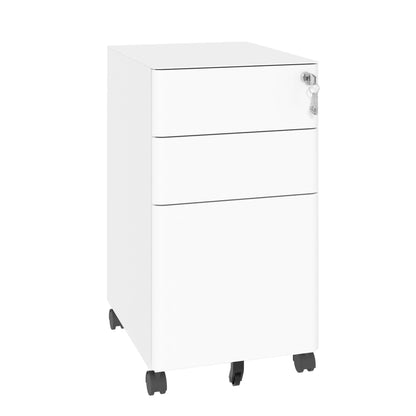 3-Drawer Mobile File Cabinet With Lock, On Wheels, Two Shallow &amp; One Deep Drawer For Office/Home, Fully Assembled - White