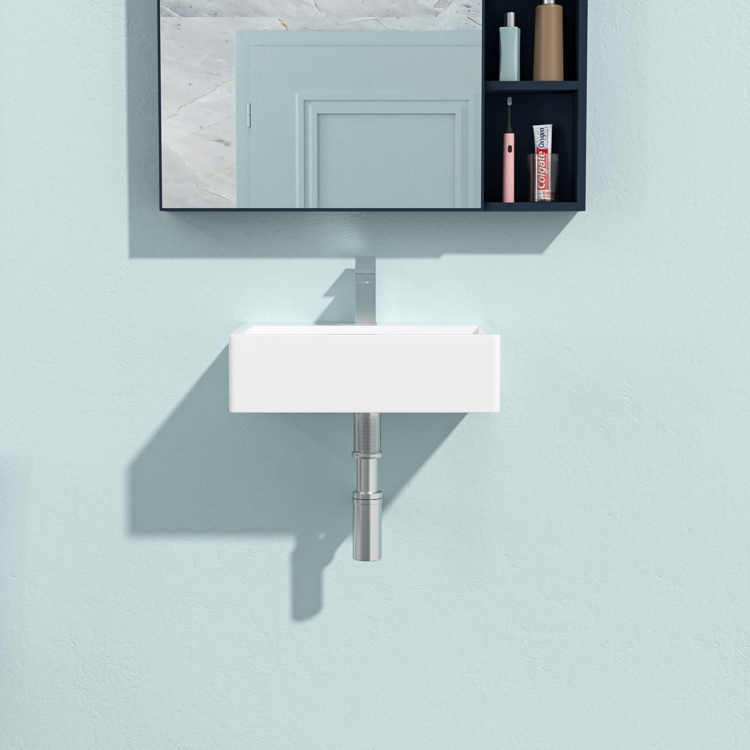 Modern Ceramic Rectangular Wall Mounted Bathroom Sink With Faucet Hole &amp; Overflow