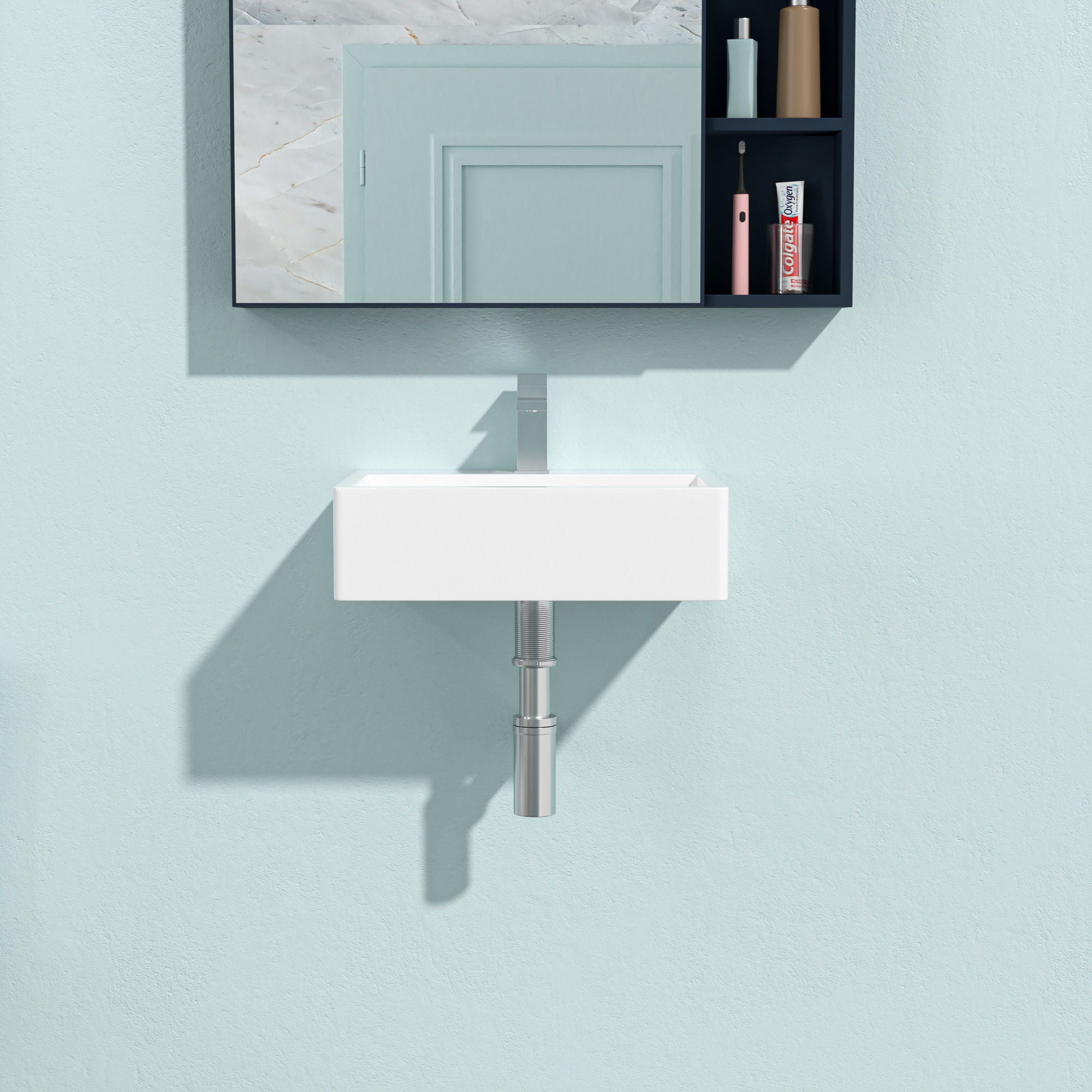 Modern Ceramic Rectangular Wall Mounted Bathroom Sink With Faucet Hole &amp; Overflow