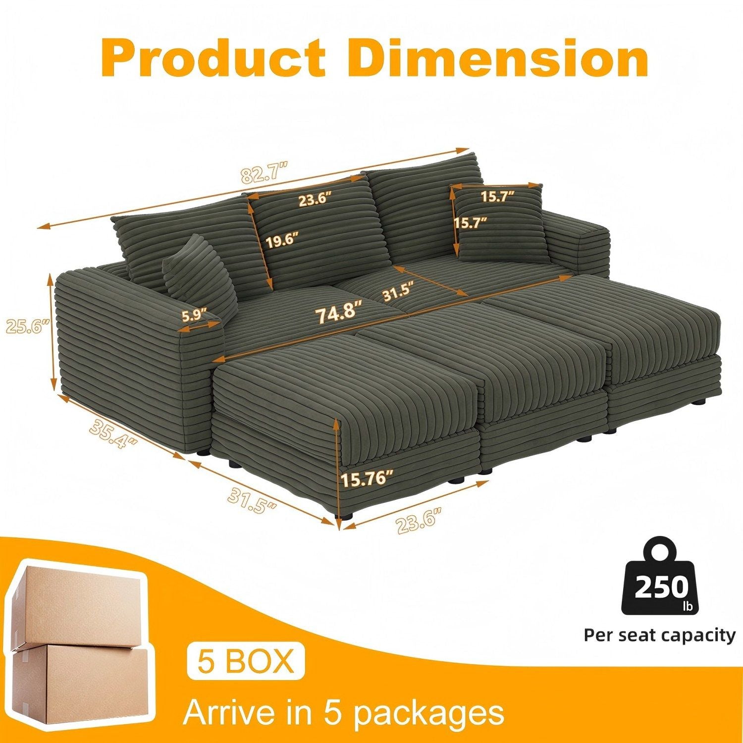 Convertible Deep Seat Sofa With Soft Pillows And Ottomans