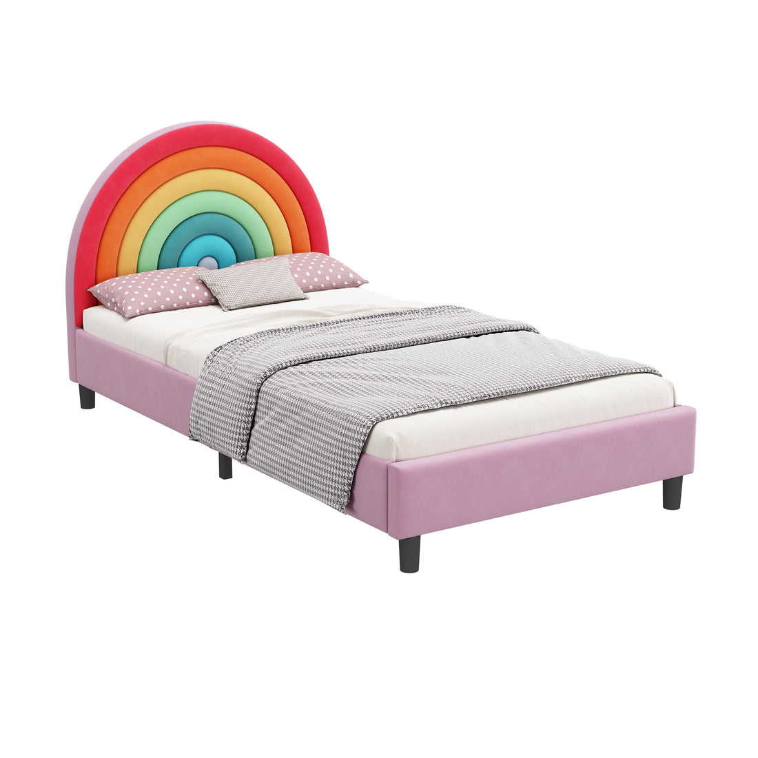 Rainbow Design Upholstered Twin Platform Bed Cute Style Princess Bed For Boys &amp; Girls, Teens - Colorful / Pink