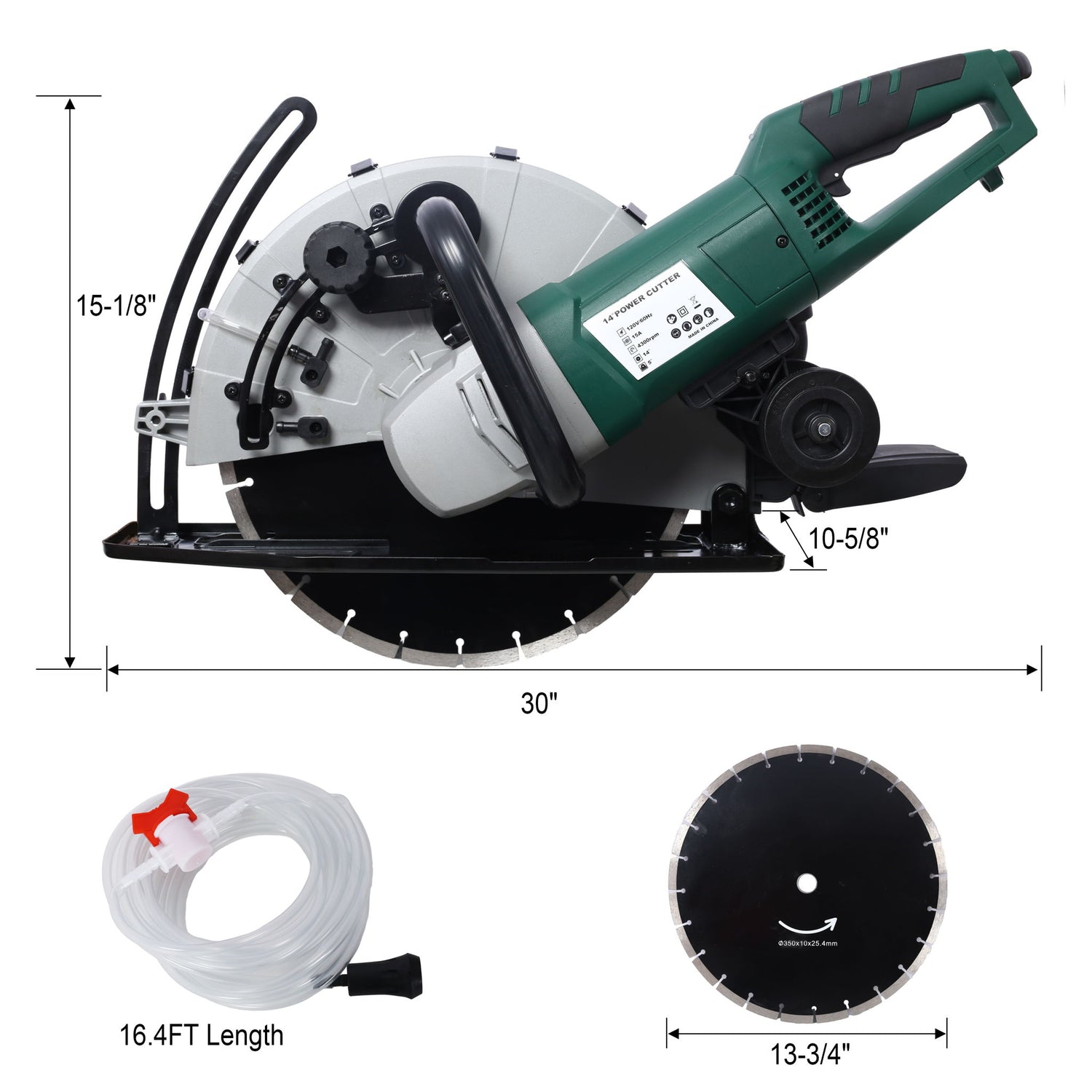 Portable Electric Corded Circular Concrete Saw 14&quot; Wet / Dry Cutter 2600W Green Steel With Water Line &amp; Guide Roller - Green