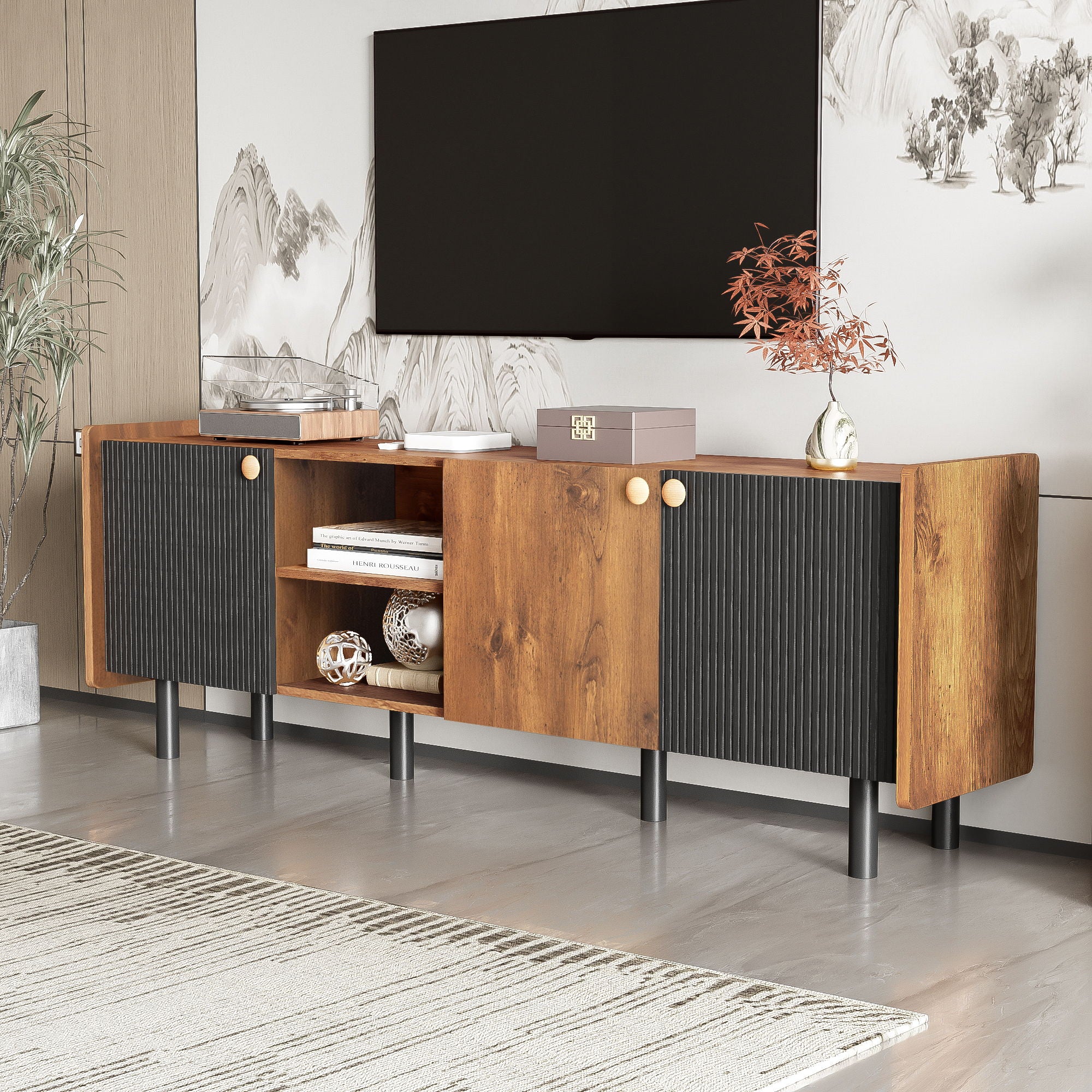 Mid Century TV Stand &amp; 3 Cabinets, Media Console Table For Tvs Up To 70&