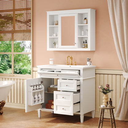Bathroom Vanity With Top Sink, Storage Cabinet With Mirror, 2 Doors, 3 Drawers, 6 Open Shelves