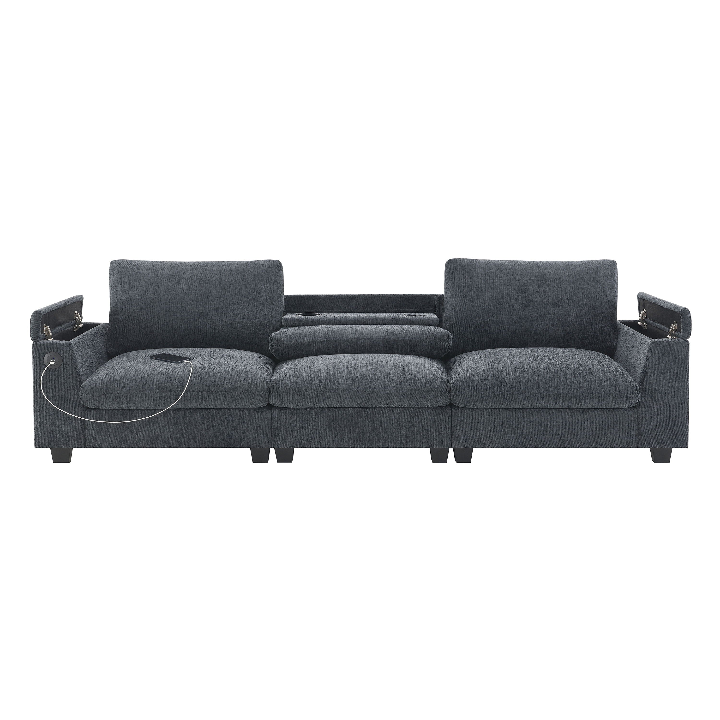 Sectional With Bluetooth Speaker Comfy Cloud Couch Set With Drop Down Table Cup Holders, USB Charger Storage Armrest Wide Seat Sofa