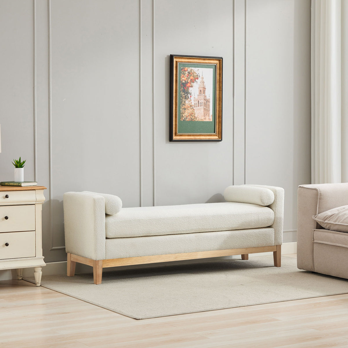 Upholstered End Of Bed Bench With Arms &amp; 2 Bolsters For Bedroom