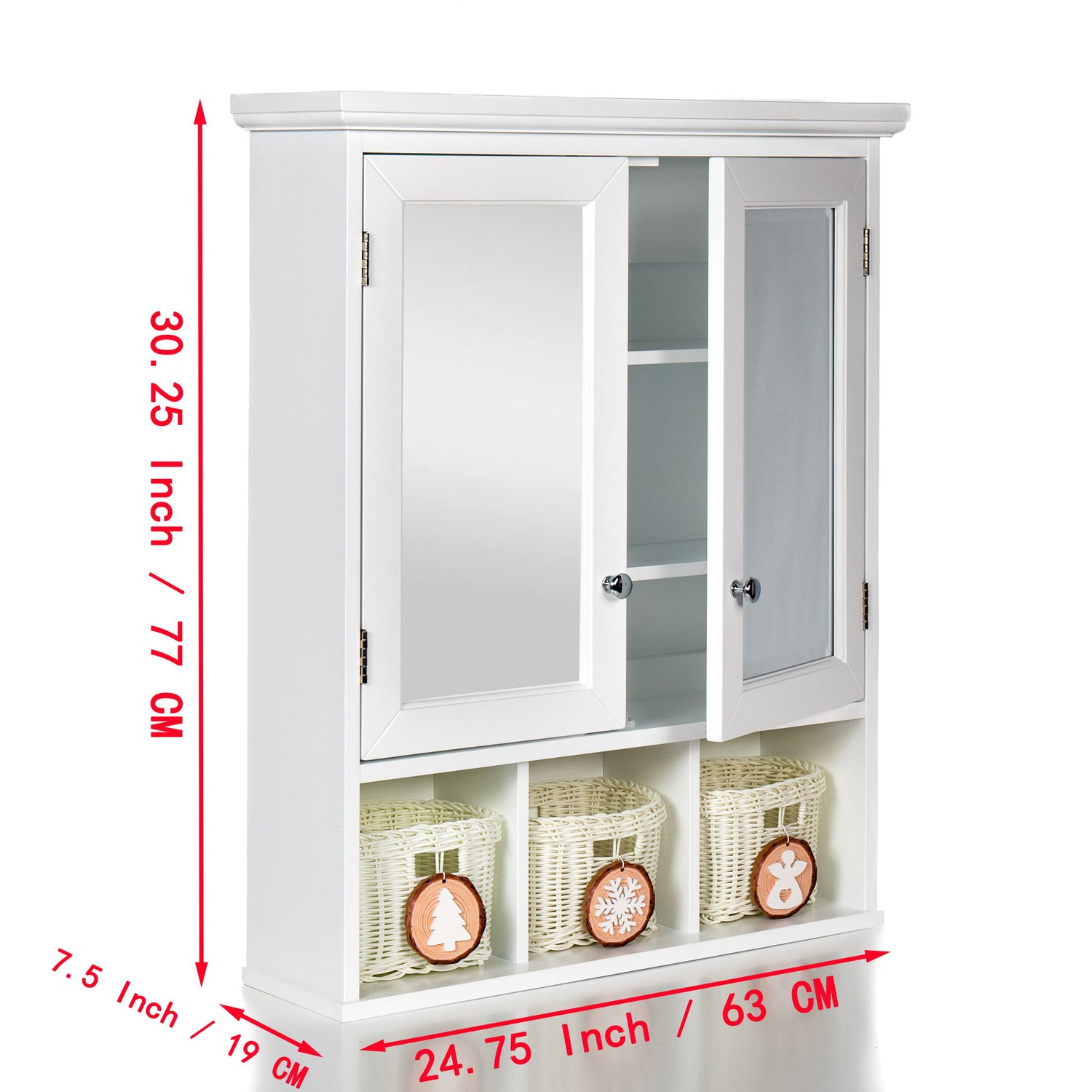 Bathroom Storage Cabinet, Medicine Cabinets For Bathroom With Mirror, 2 Doors 2 Adjustable Shelf &amp; 3 Christmas Style Storage Basket - White