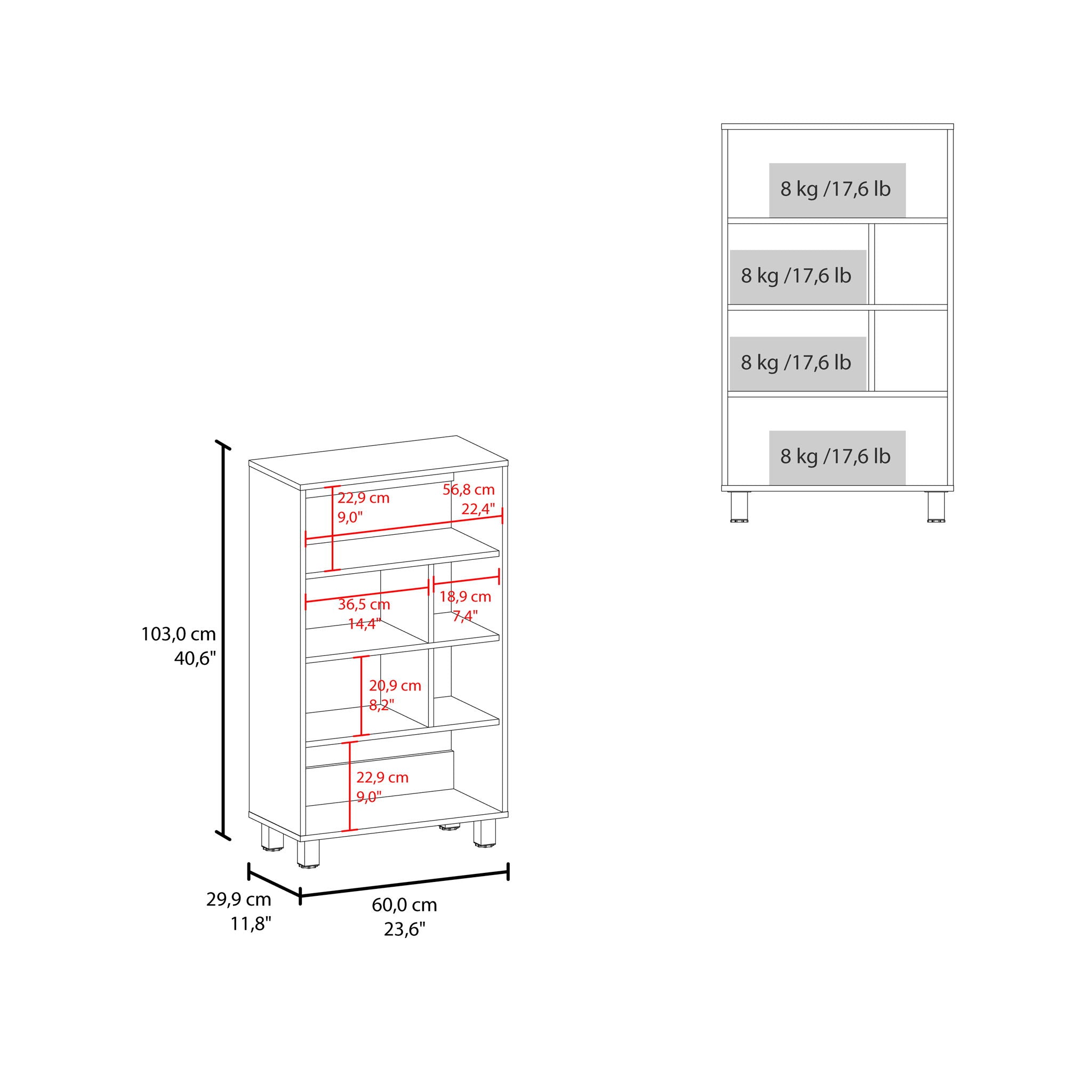 Bookcase, 6 Shelves, 4 Legs - Black