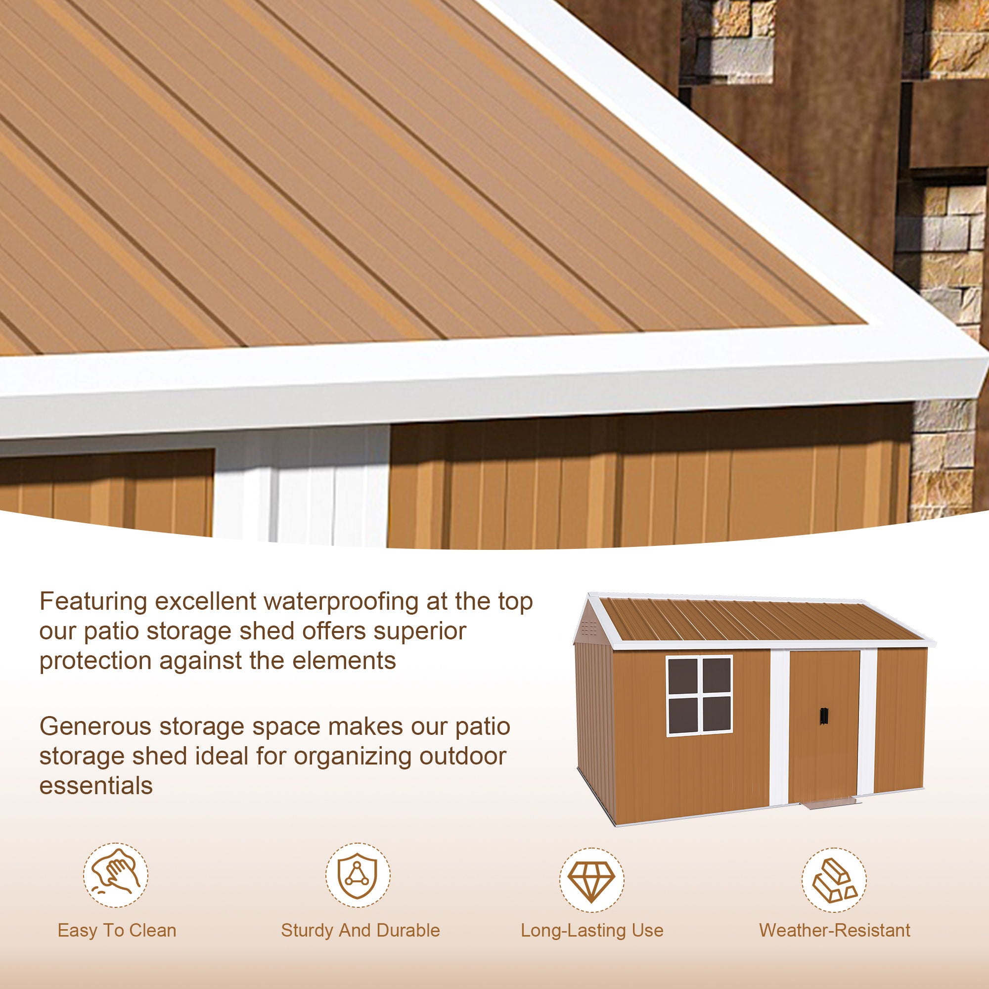 Storage Shed With Windows, Lockable Door &amp; Ventilation For Backyard Tool Organization - Brown