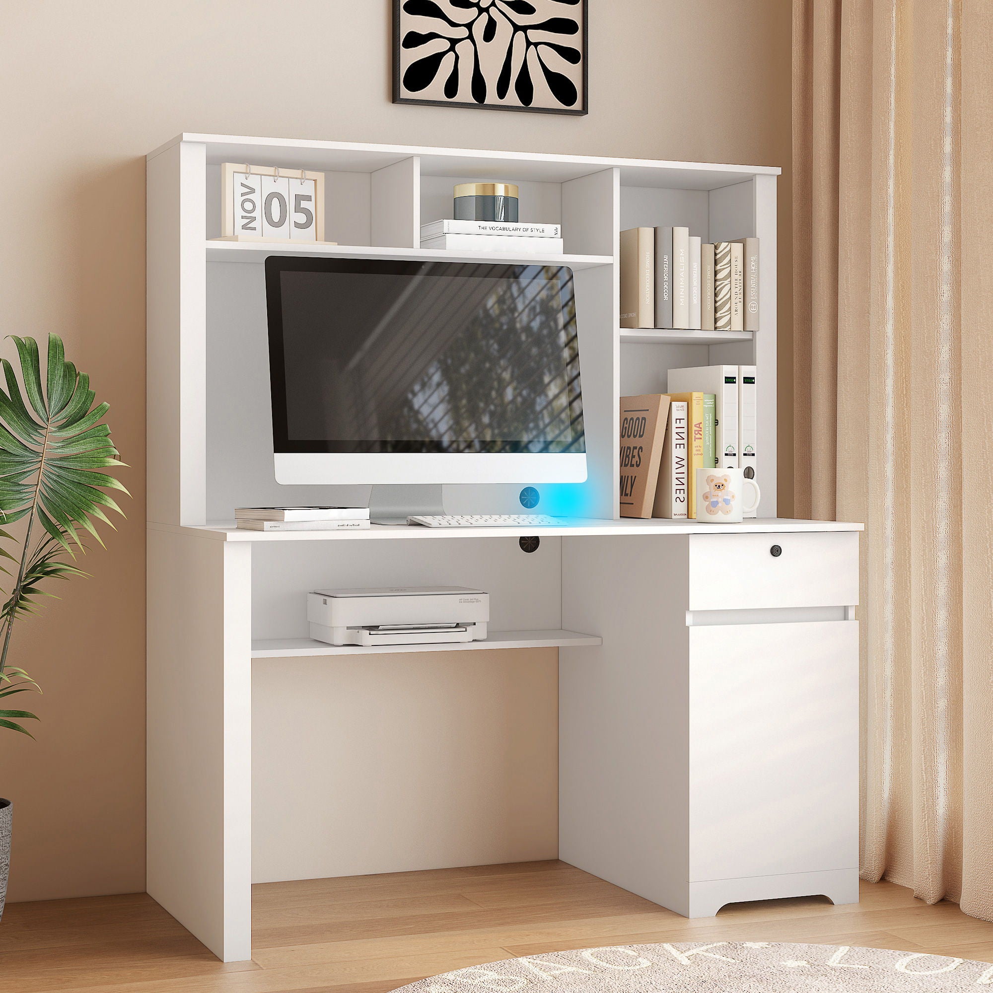 Computer Desk With Hutch &amp; Bookshelf, Wood Executive Desk Teens Student Desk Writing Laptop Home Office Desk With Drawers, 3 Ac Outlets And 2 USB Charging Ports, Study Laptop Table For Home - White