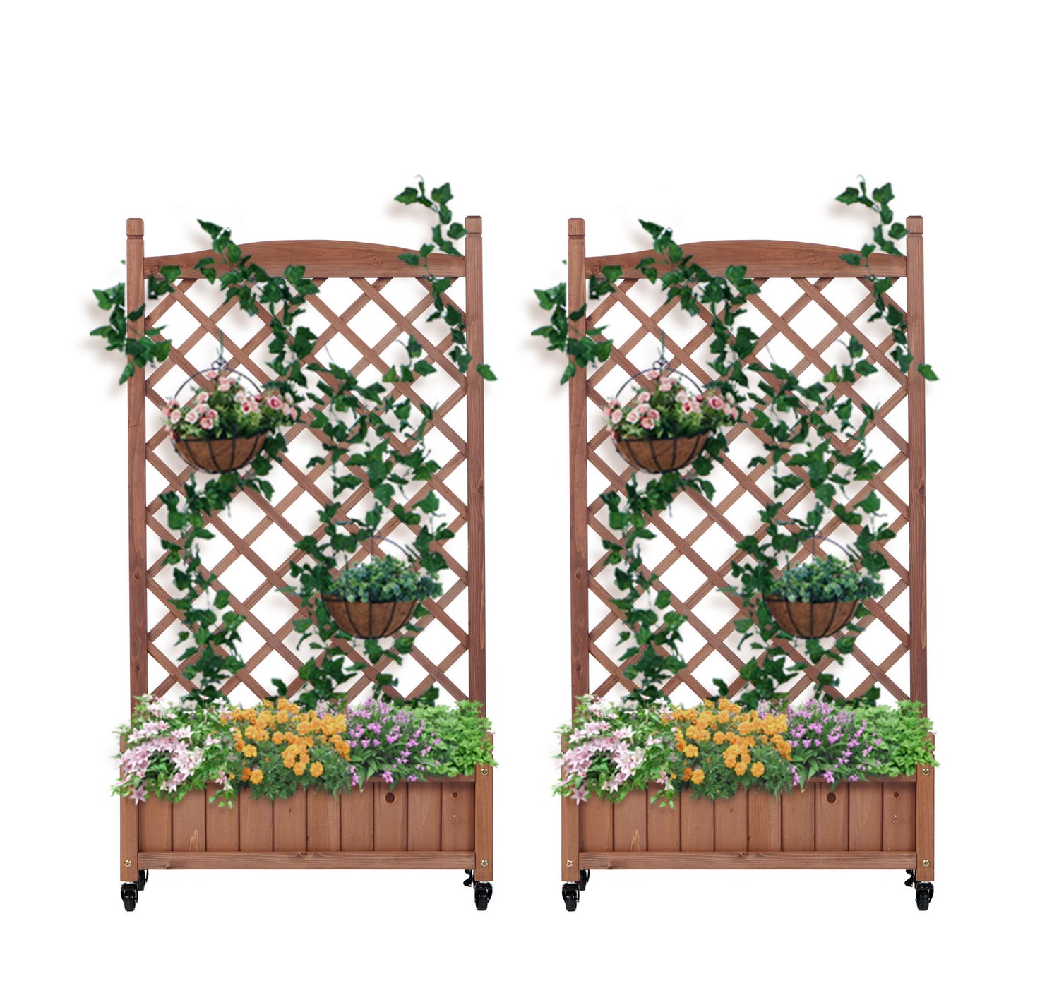 Raised Garden Bed With Trellis 2 Pack, Outdoor Planter Box &amp; Plant Stand With Climbing Racks - Brown