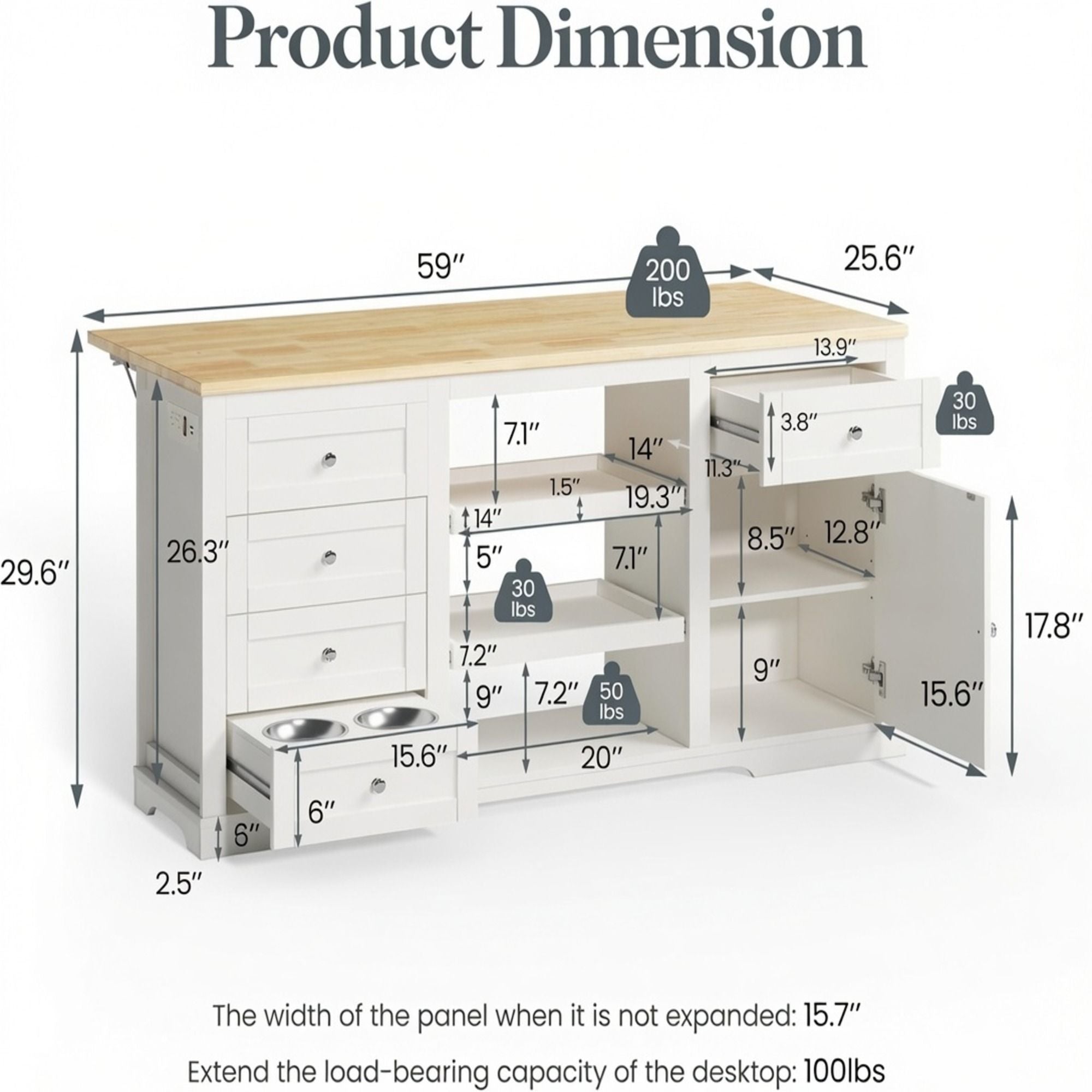 Drop Leaf Kitchen Island With Storage, Power Outlet &amp; Pet Bowl Drawer - White / Light Oak