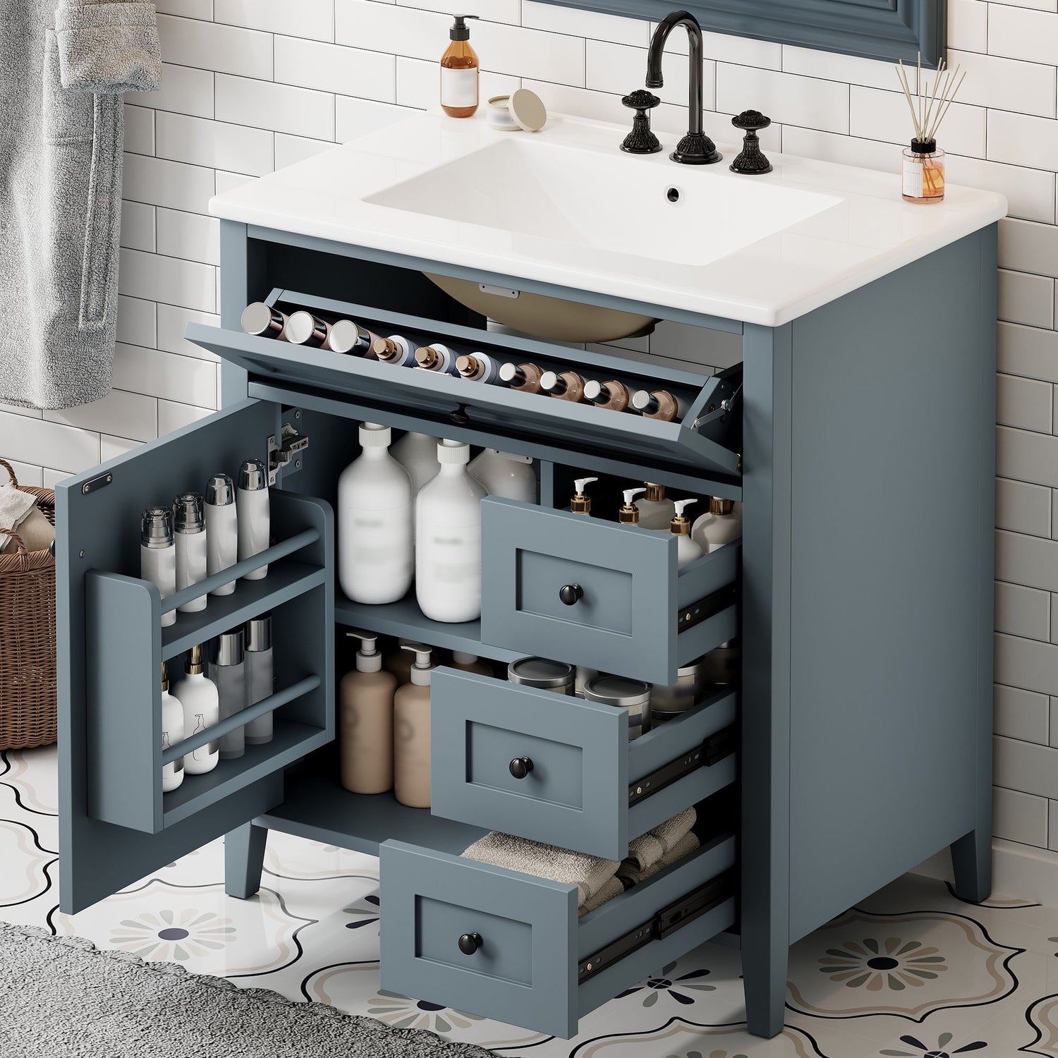 Bathroom Vanity With Sink, 3 Drawers And Adjustable Shelf