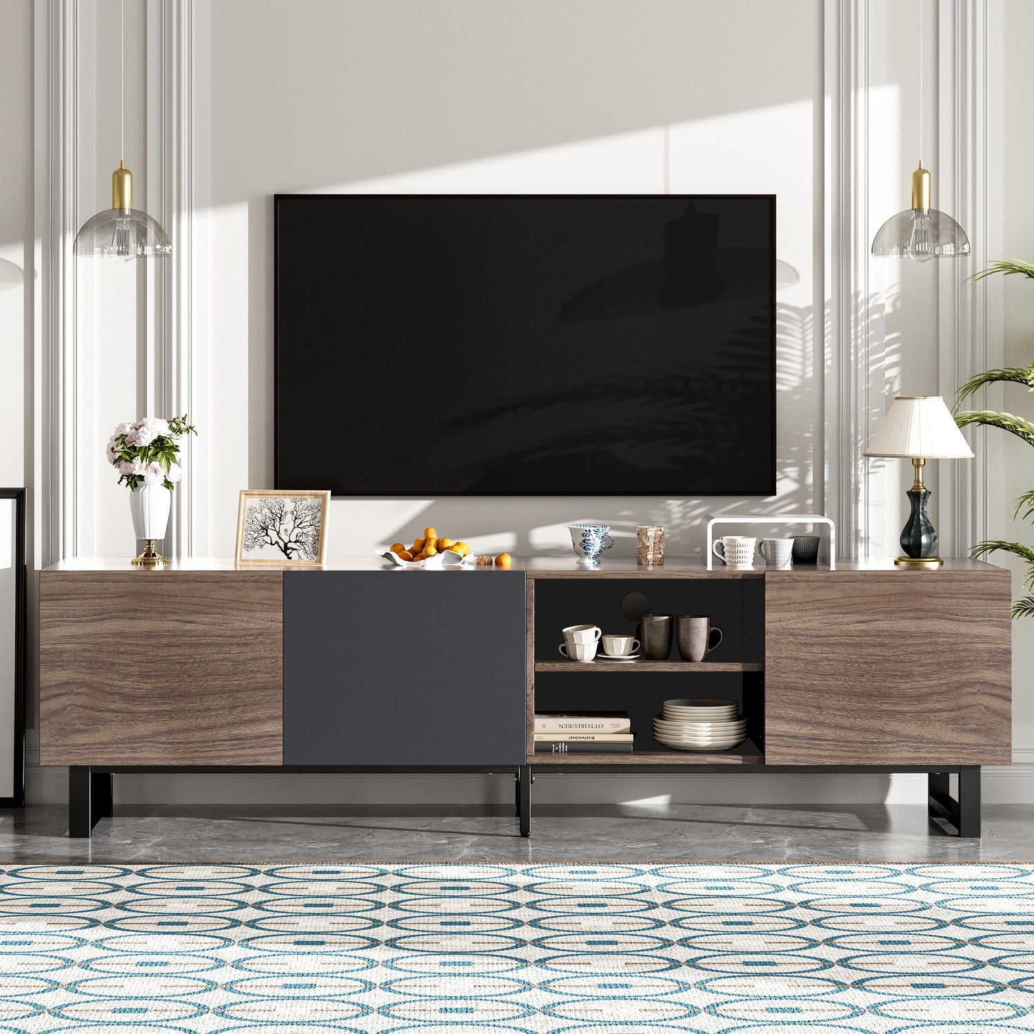 Modern TV With 3 Cabinets &amp; Open Shelves, Color-Matching Media Console Table For Tvs Up To 80&
